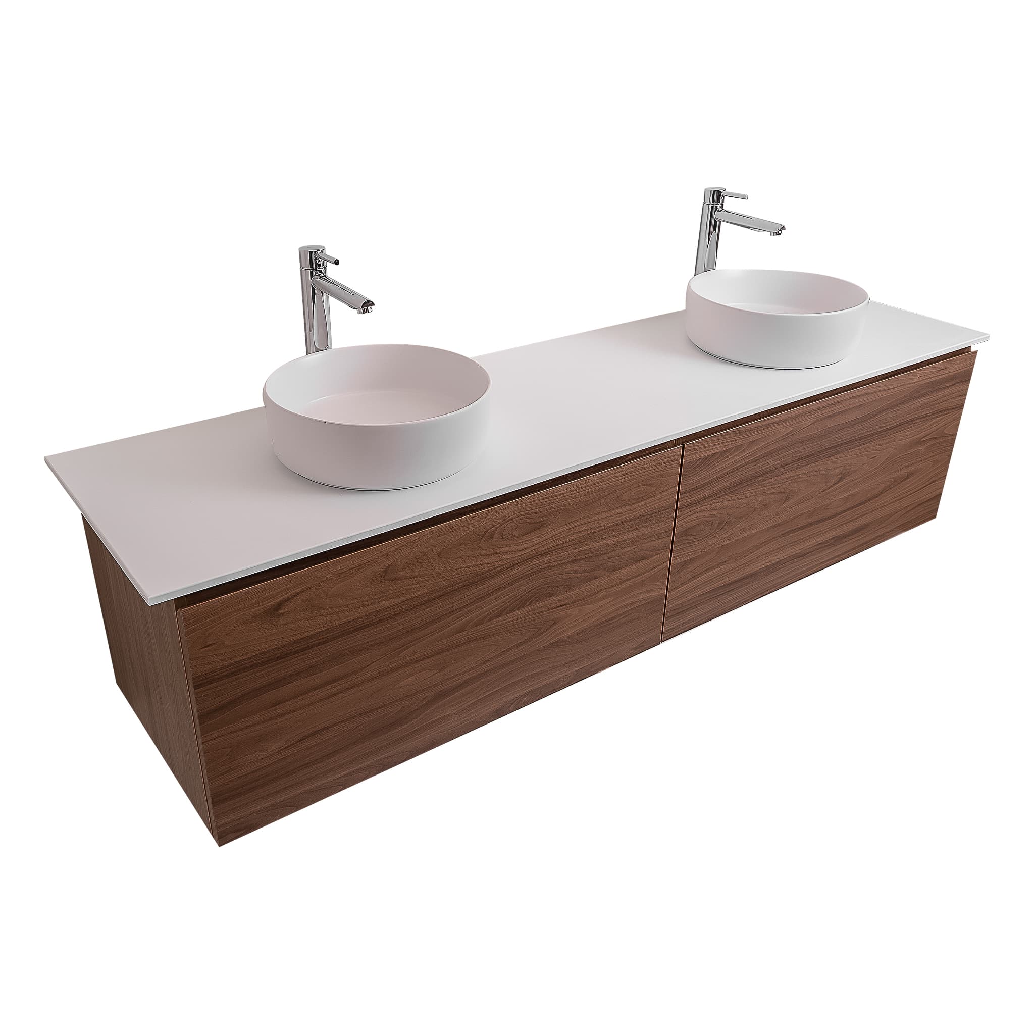 Venice 72 Walnut Wood Texture Cabinet, Ares White Top And Two Ares White Ceramic Basin, Wall Mounted Modern Vanity Set