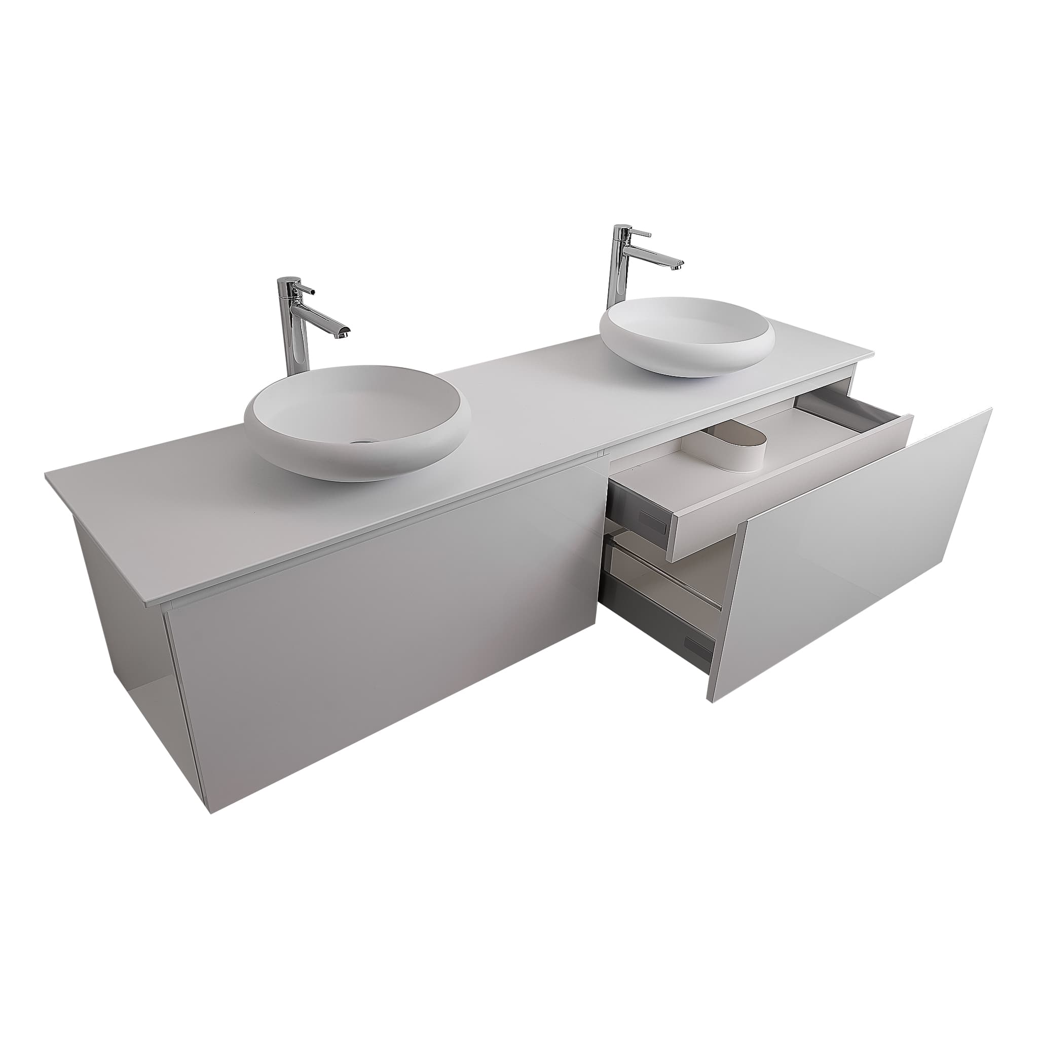 Venice 72 White High Gloss Cabinet, Solid Surface Flat White Counter And Two Round Solid Surface White Basin 1153, Wall Mounted Modern Vanity Set