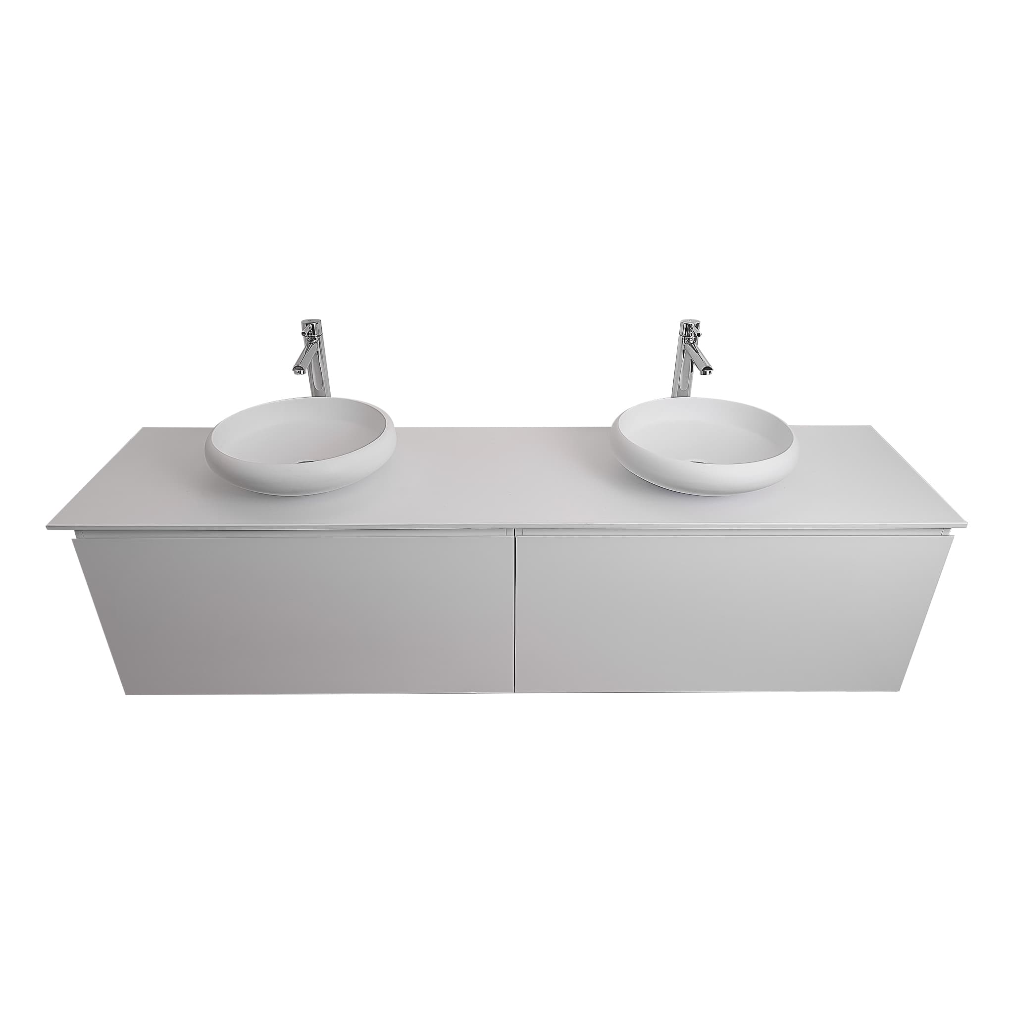 Venice 72 White High Gloss Cabinet, Solid Surface Flat White Counter And Two Round Solid Surface White Basin 1153, Wall Mounted Modern Vanity Set