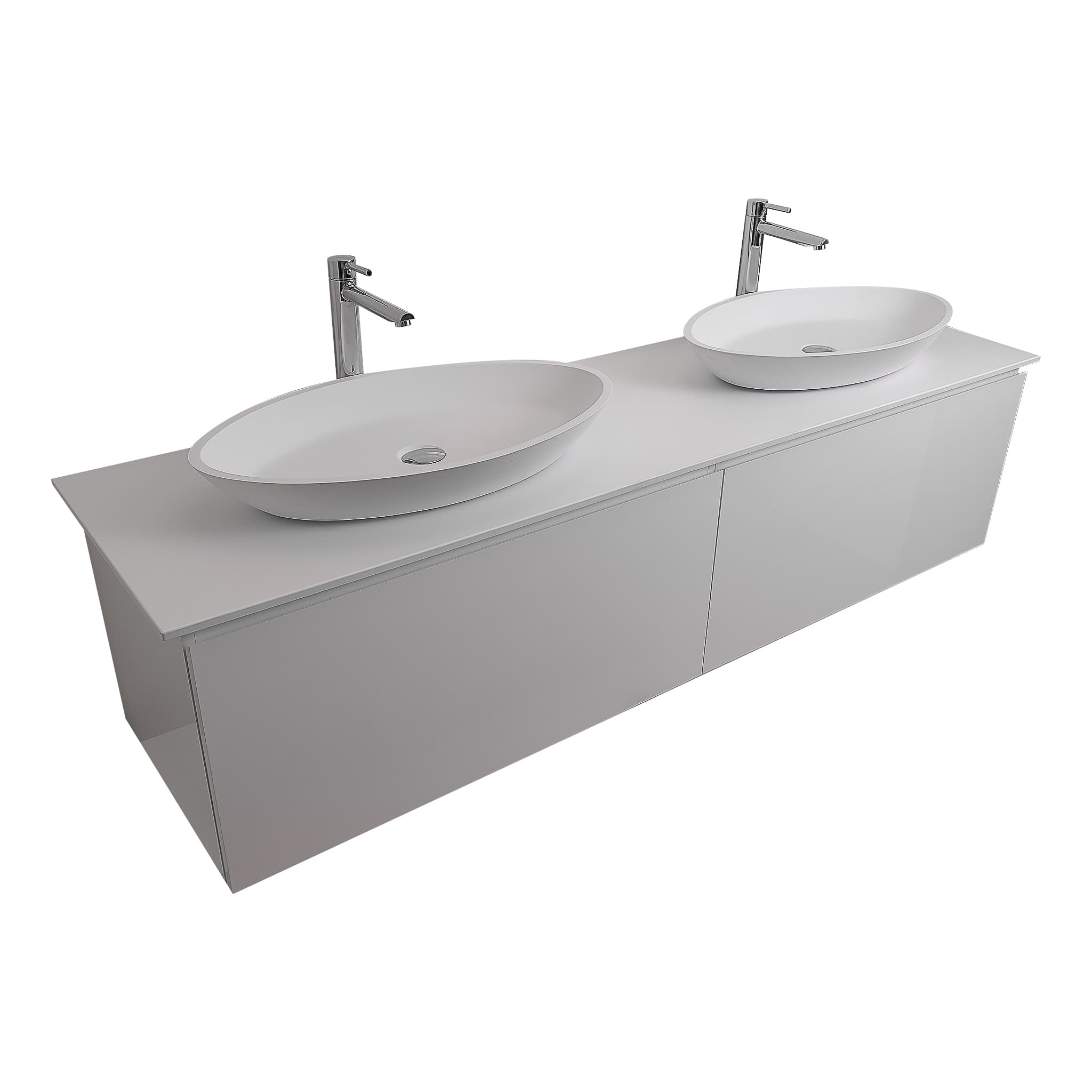 Venice 72 White High Gloss Cabinet, Solid Surface Flat White Counter And Two Oval Solid Surface White Basin 1305, Wall Mounted Modern Vanity Set