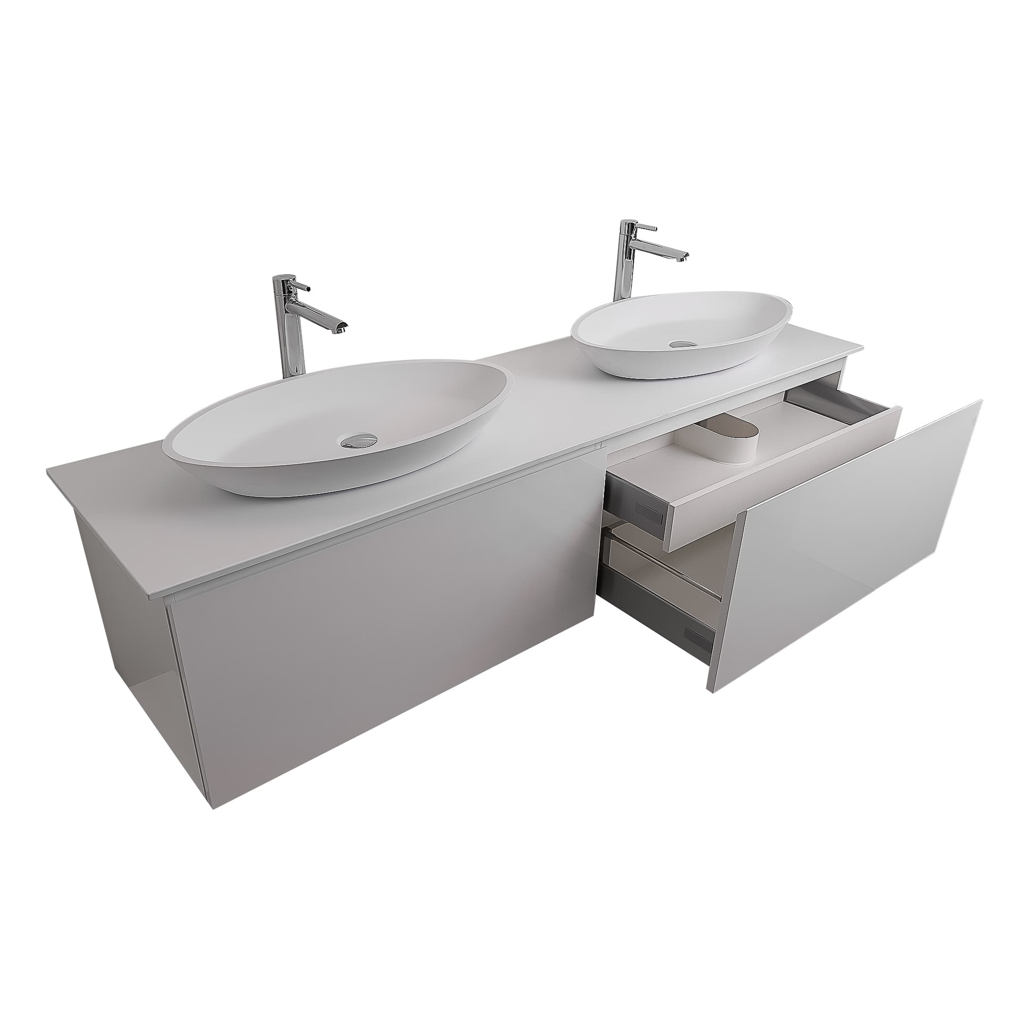 Venice 72 White High Gloss Cabinet, Solid Surface Flat White Counter And Two Oval Solid Surface White Basin 1305, Wall Mounted Modern Vanity Set