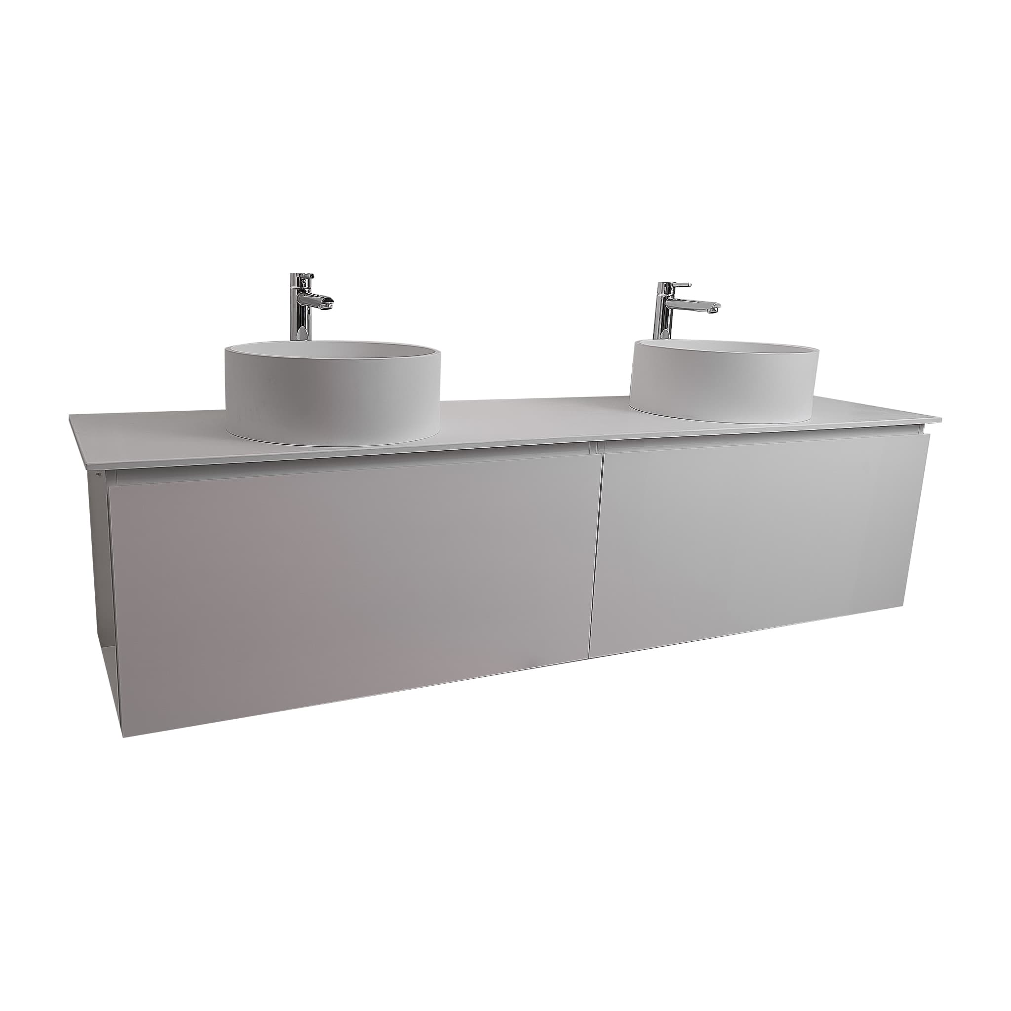 Venice 72 White High Gloss Cabinet, Solid Surface Flat White Counter And Two Round Solid Surface White Basin 1386, Wall Mounted Modern Vanity Set