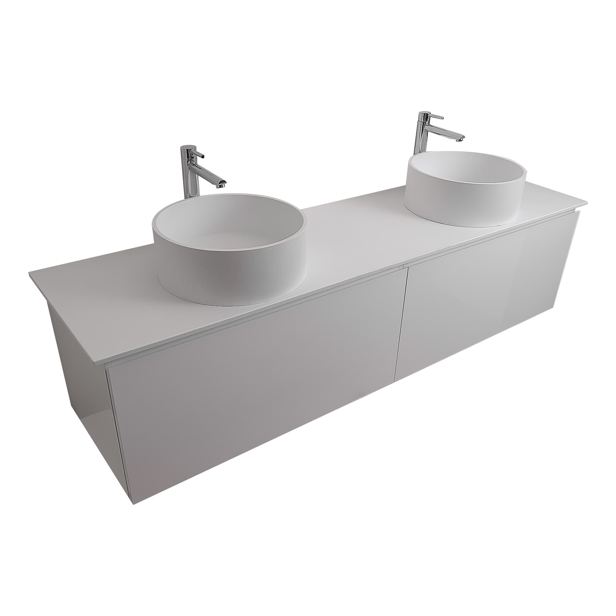 Venice 72 White High Gloss Cabinet, Solid Surface Flat White Counter And Two Round Solid Surface White Basin 1386, Wall Mounted Modern Vanity Set