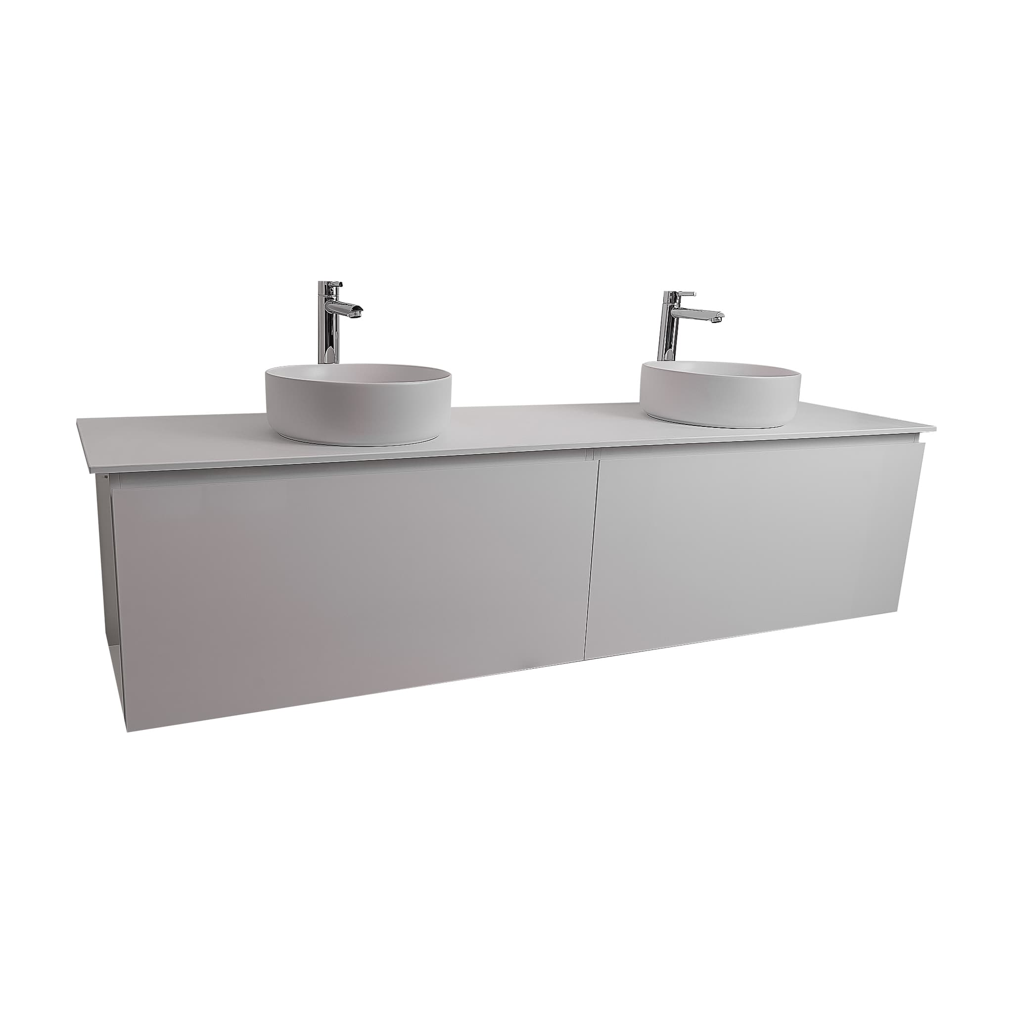 Venice 72 White High Gloss Cabinet, Ares White Top And Two Ares White Ceramic Basin, Wall Mounted Modern Vanity Set