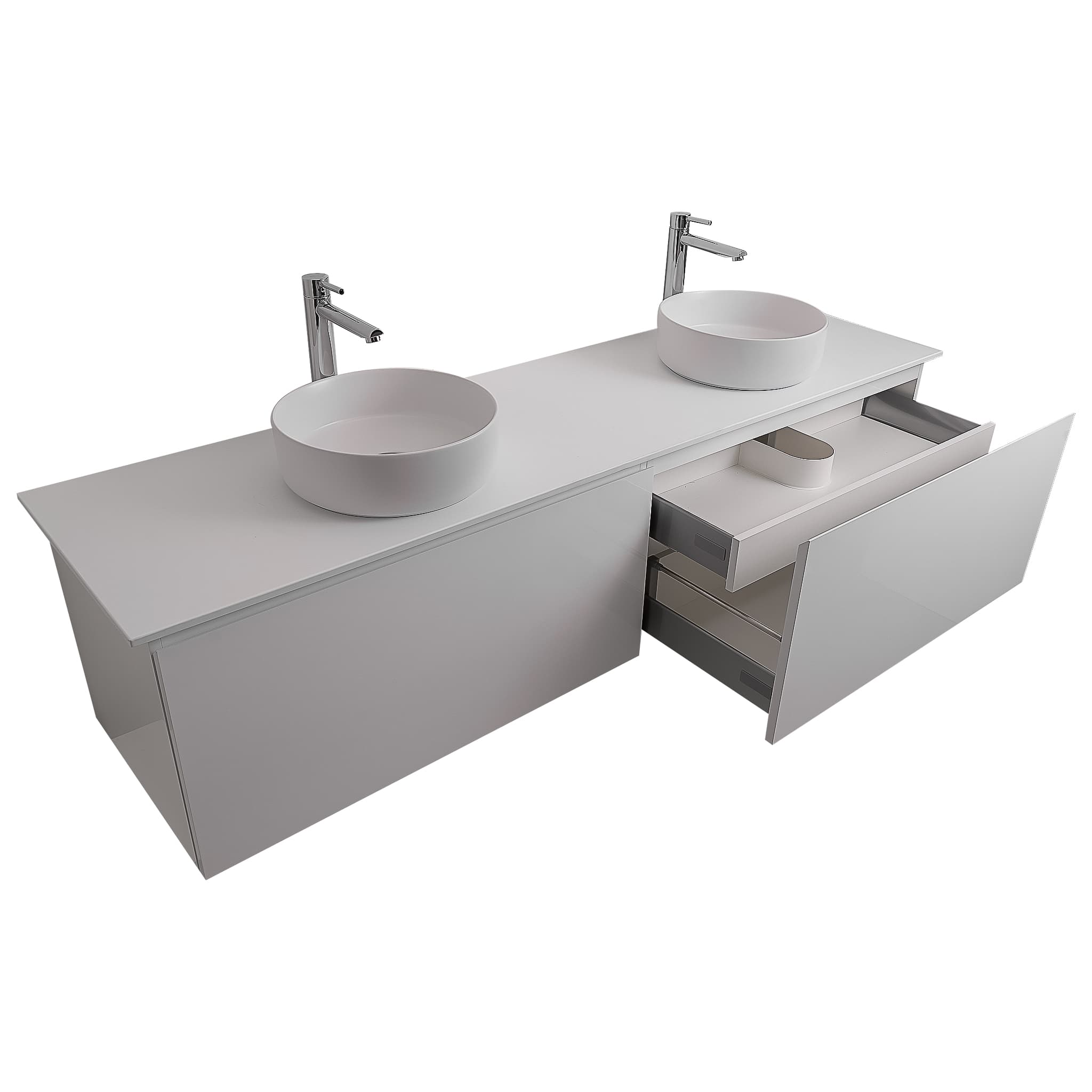 Venice 72 White High Gloss Cabinet, Ares White Top And Two Ares White Ceramic Basin, Wall Mounted Modern Vanity Set