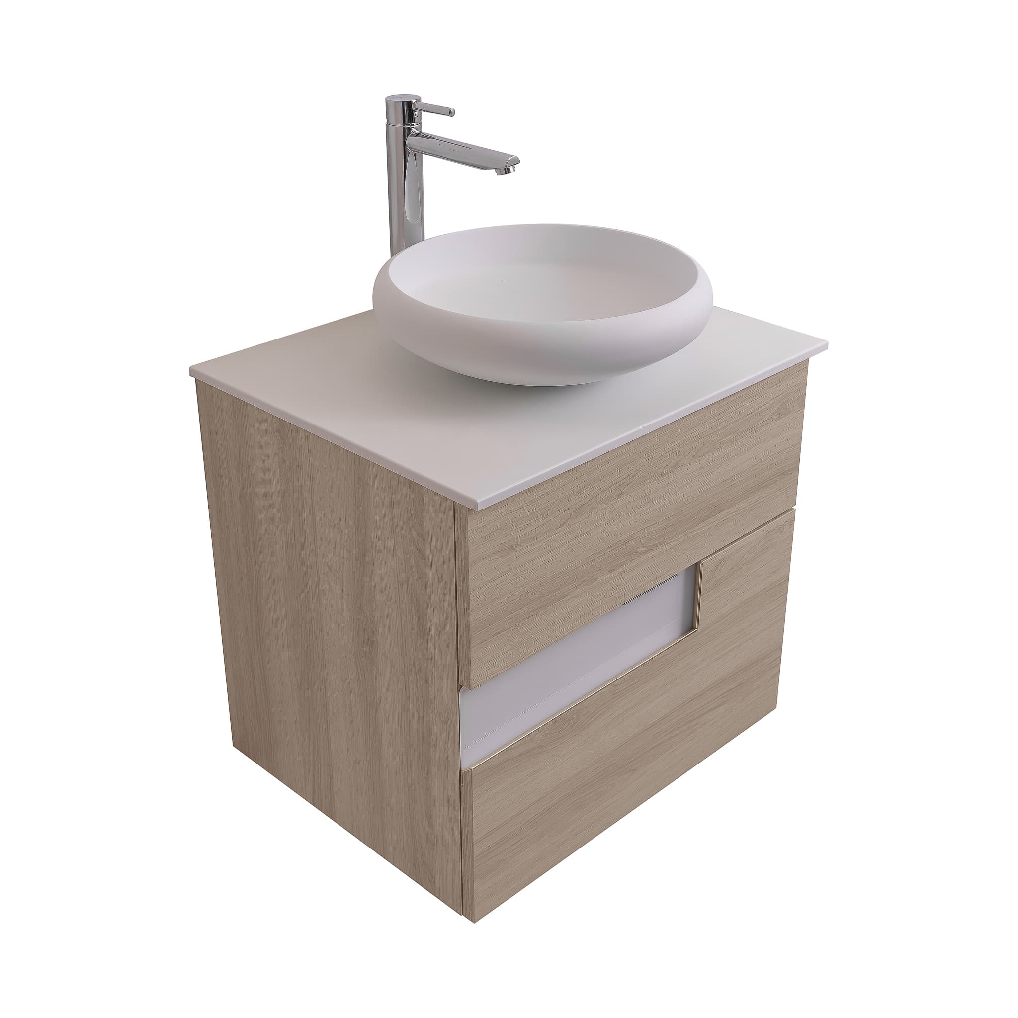 Vision 23.5 Natural Light Wood Cabinet, Solid Surface Flat White Counter And Round Solid Surface White Basin 1153, Wall Mounted Modern Vanity Set