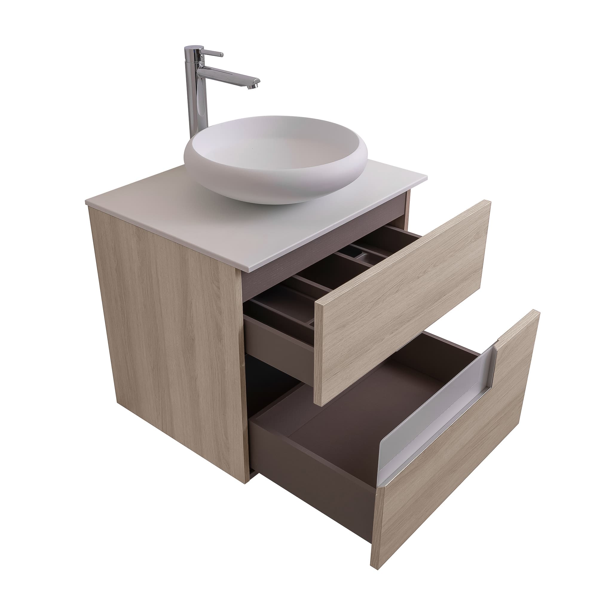 Vision 23.5 Natural Light Wood Cabinet, Solid Surface Flat White Counter And Round Solid Surface White Basin 1153, Wall Mounted Modern Vanity Set