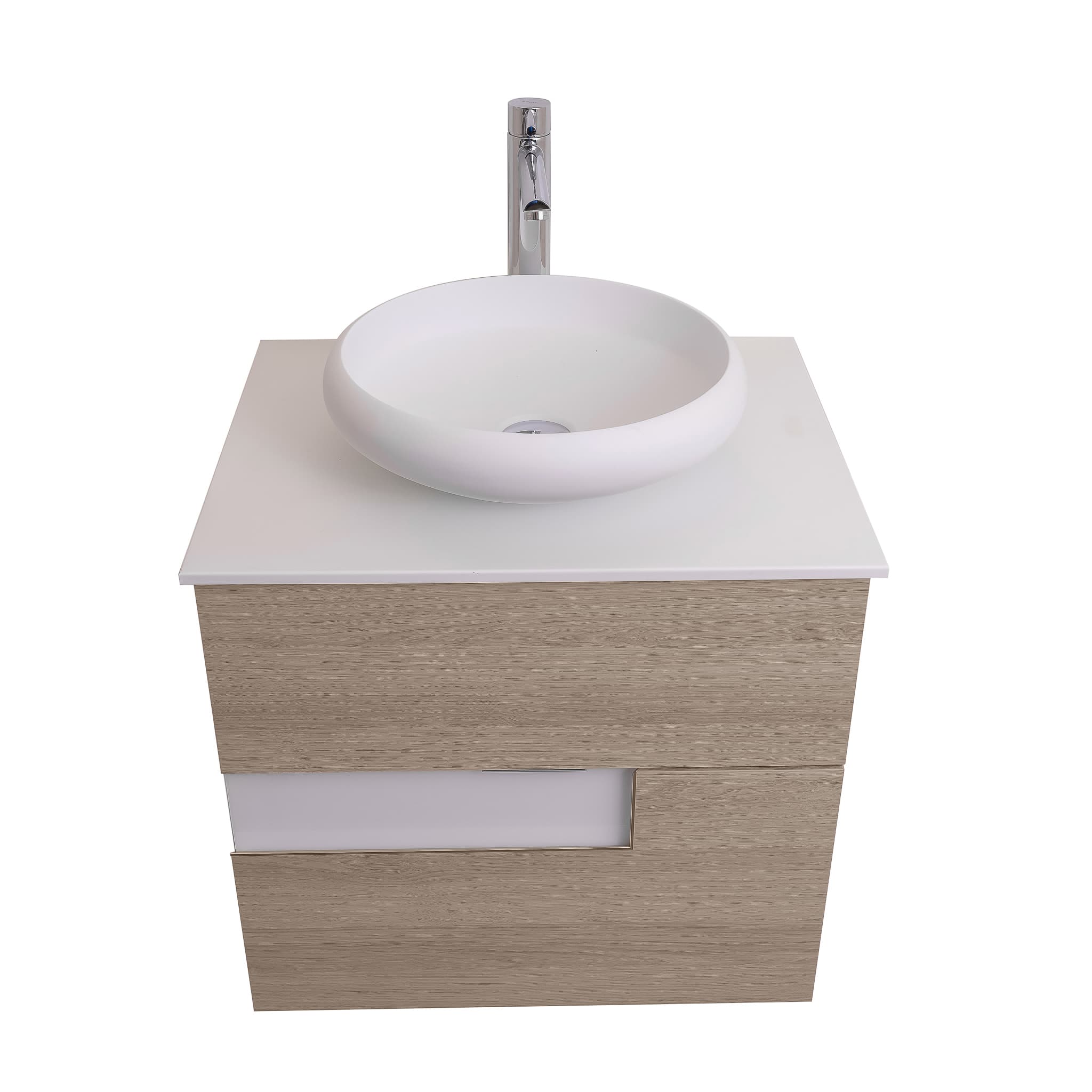 Vision 23.5 Natural Light Wood Cabinet, Solid Surface Flat White Counter And Round Solid Surface White Basin 1153, Wall Mounted Modern Vanity Set