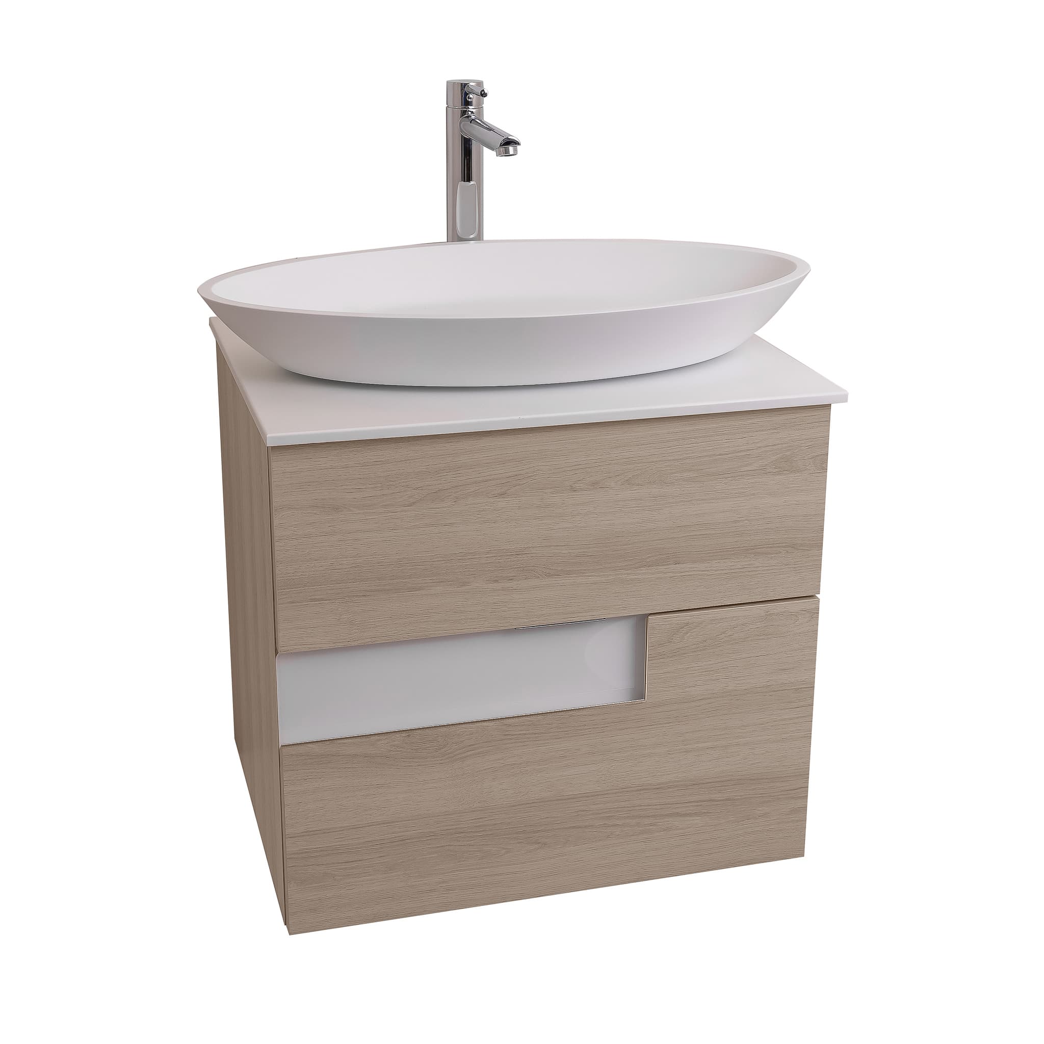 Vision 23.5 Natural Light Wood Cabinet, Solid Surface Flat White Counter And Oval Solid Surface White Basin 1305, Wall Mounted Modern Vanity Set