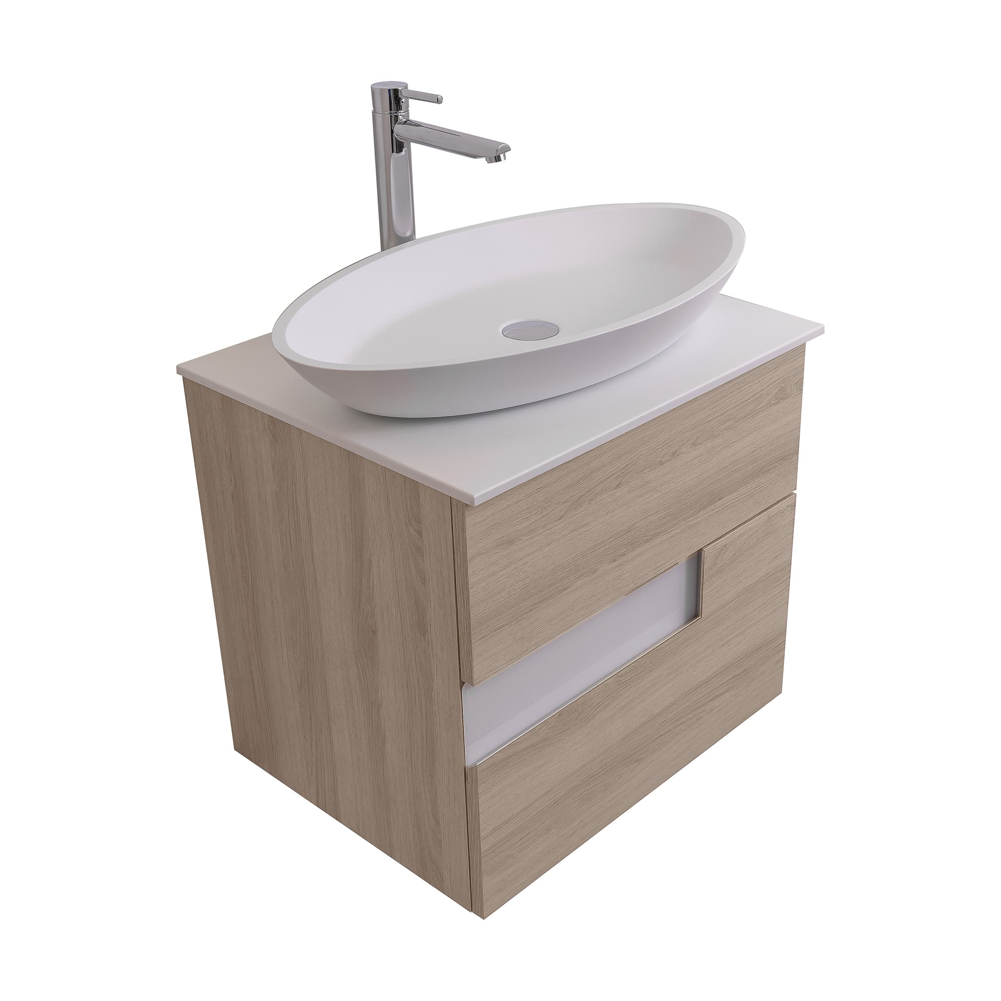 Vision 23.5 Natural Light Wood Cabinet, Solid Surface Flat White Counter And Oval Solid Surface White Basin 1305, Wall Mounted Modern Vanity Set