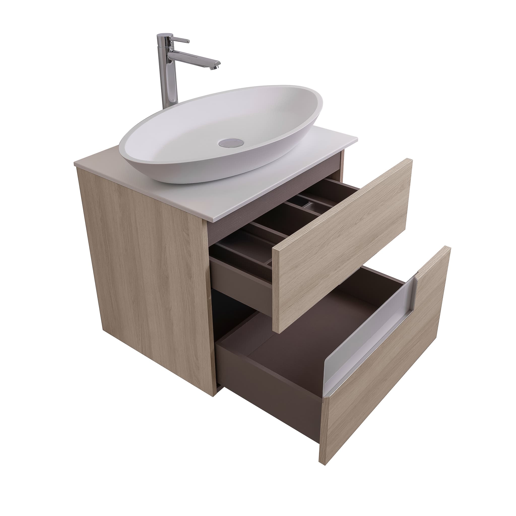 Vision 23.5 Natural Light Wood Cabinet, Solid Surface Flat White Counter And Oval Solid Surface White Basin 1305, Wall Mounted Modern Vanity Set