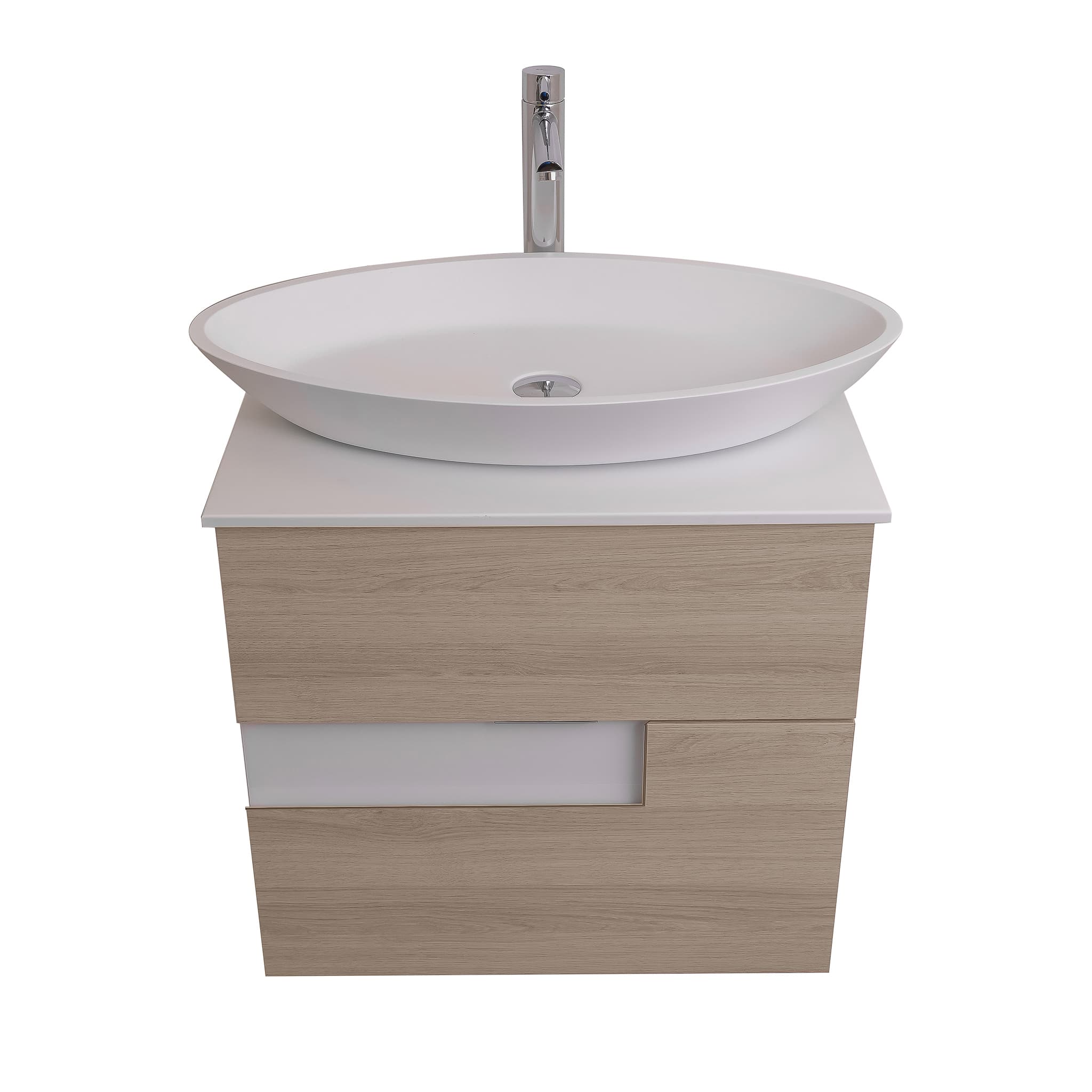 Vision 23.5 Natural Light Wood Cabinet, Solid Surface Flat White Counter And Oval Solid Surface White Basin 1305, Wall Mounted Modern Vanity Set