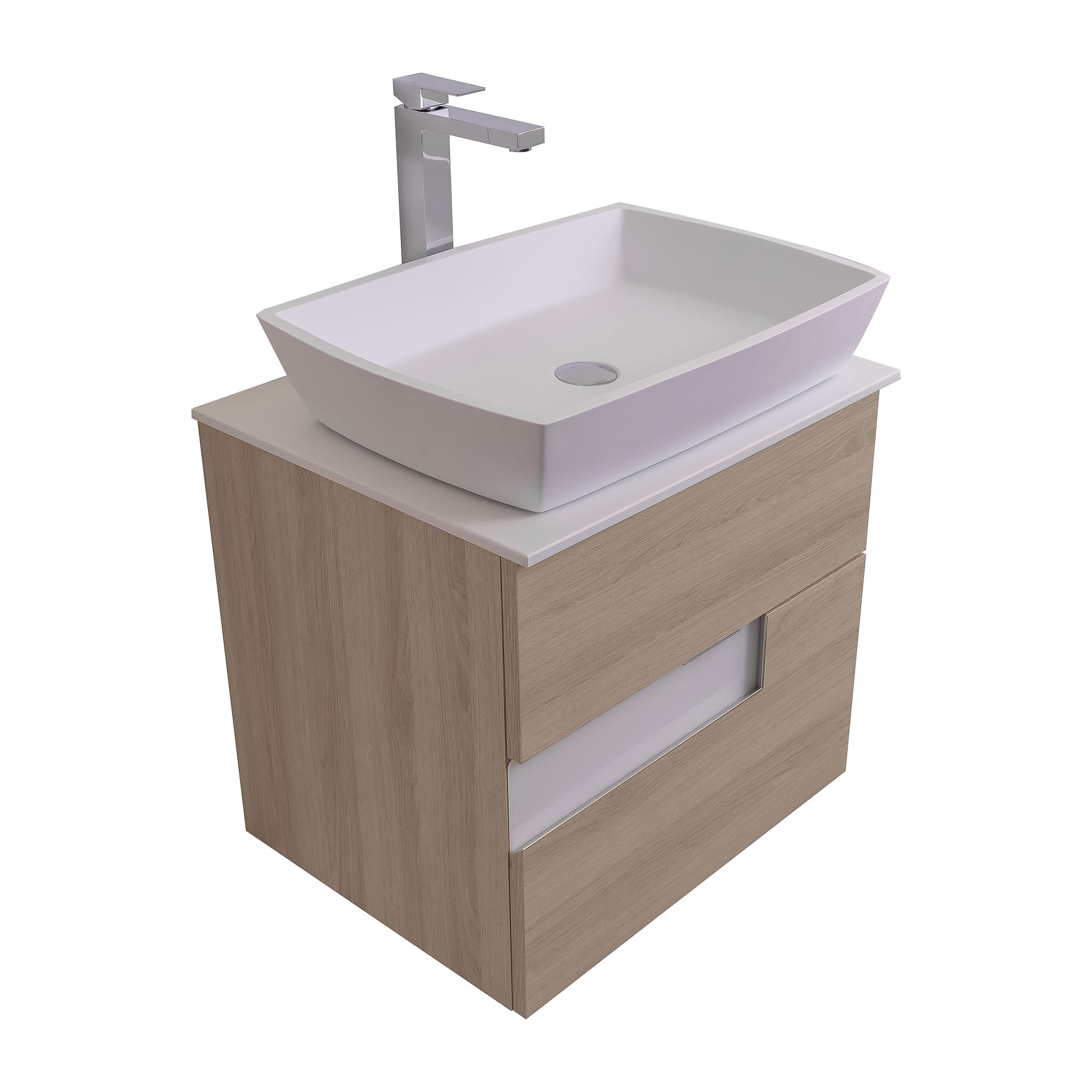 Vision 23.5 Natural Light Wood Cabinet, Solid Surface Flat White Counter And Square Solid Surface White Basin 1316, Wall Mounted Modern Vanity Set