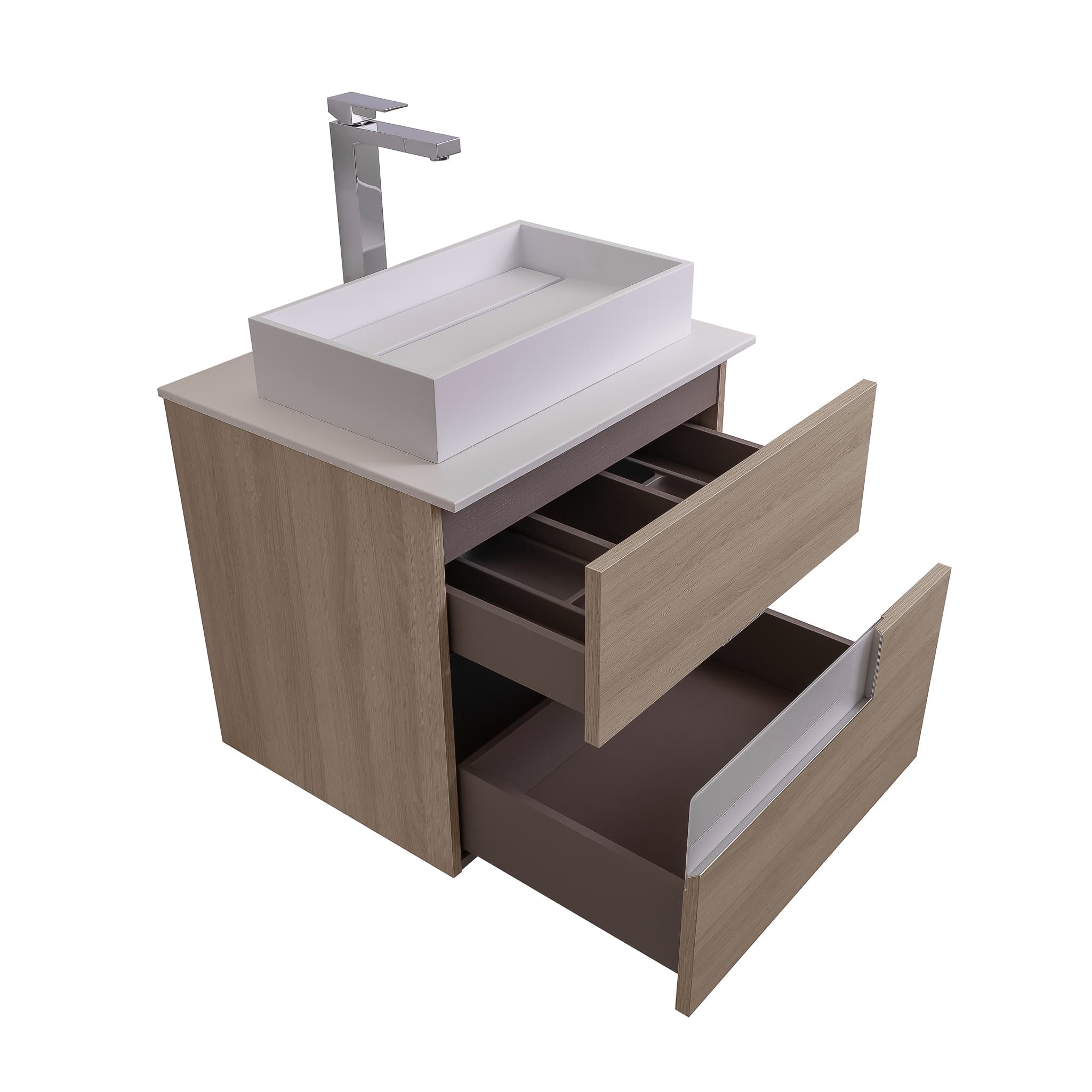 Vision 23.5 Natural Light Wood Cabinet, Solid Surface Flat White Counter And Infinity Square Solid Surface White Basin 1329, Wall Mounted Modern Vanity Set