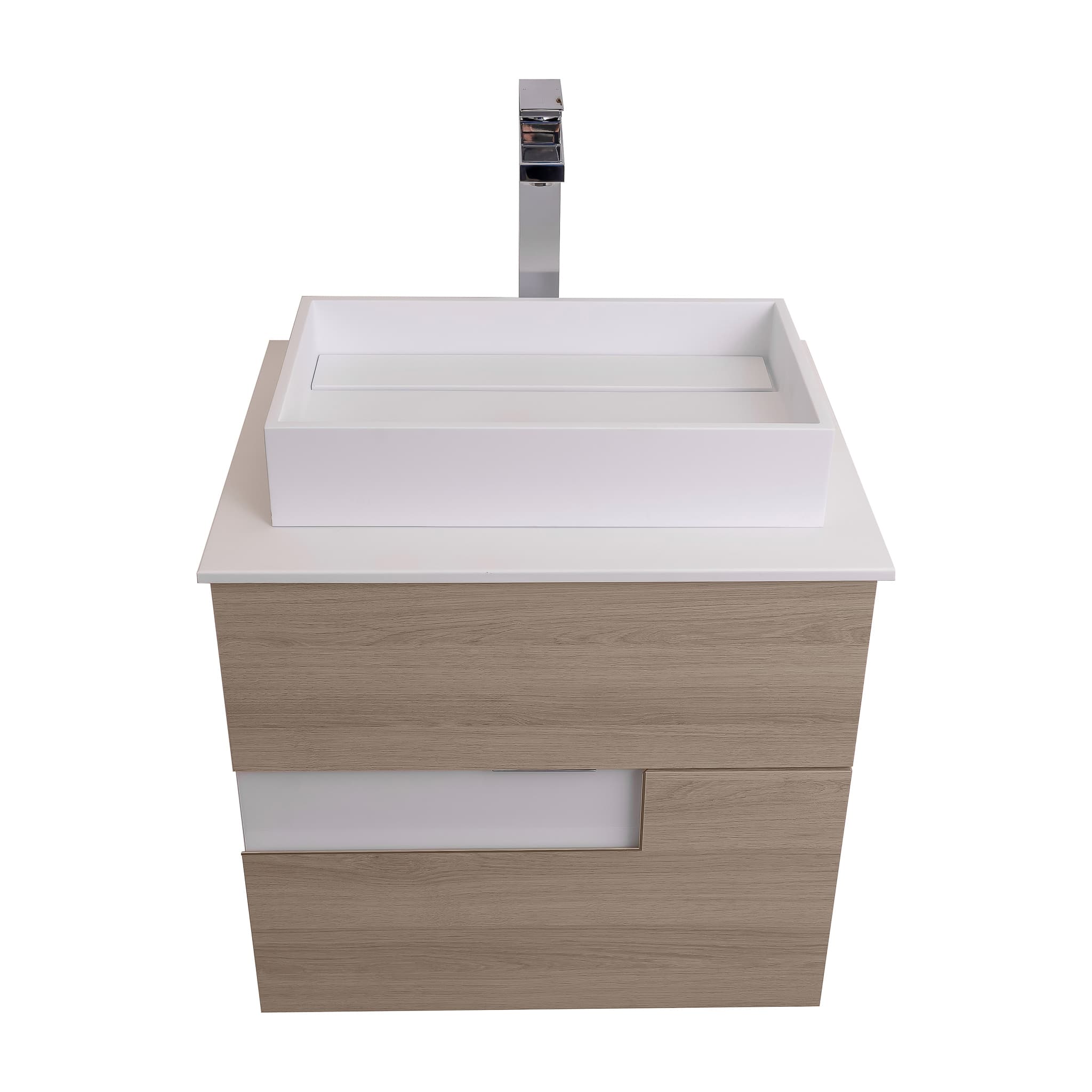 Vision 23.5 Natural Light Wood Cabinet, Solid Surface Flat White Counter And Infinity Square Solid Surface White Basin 1329, Wall Mounted Modern Vanity Set