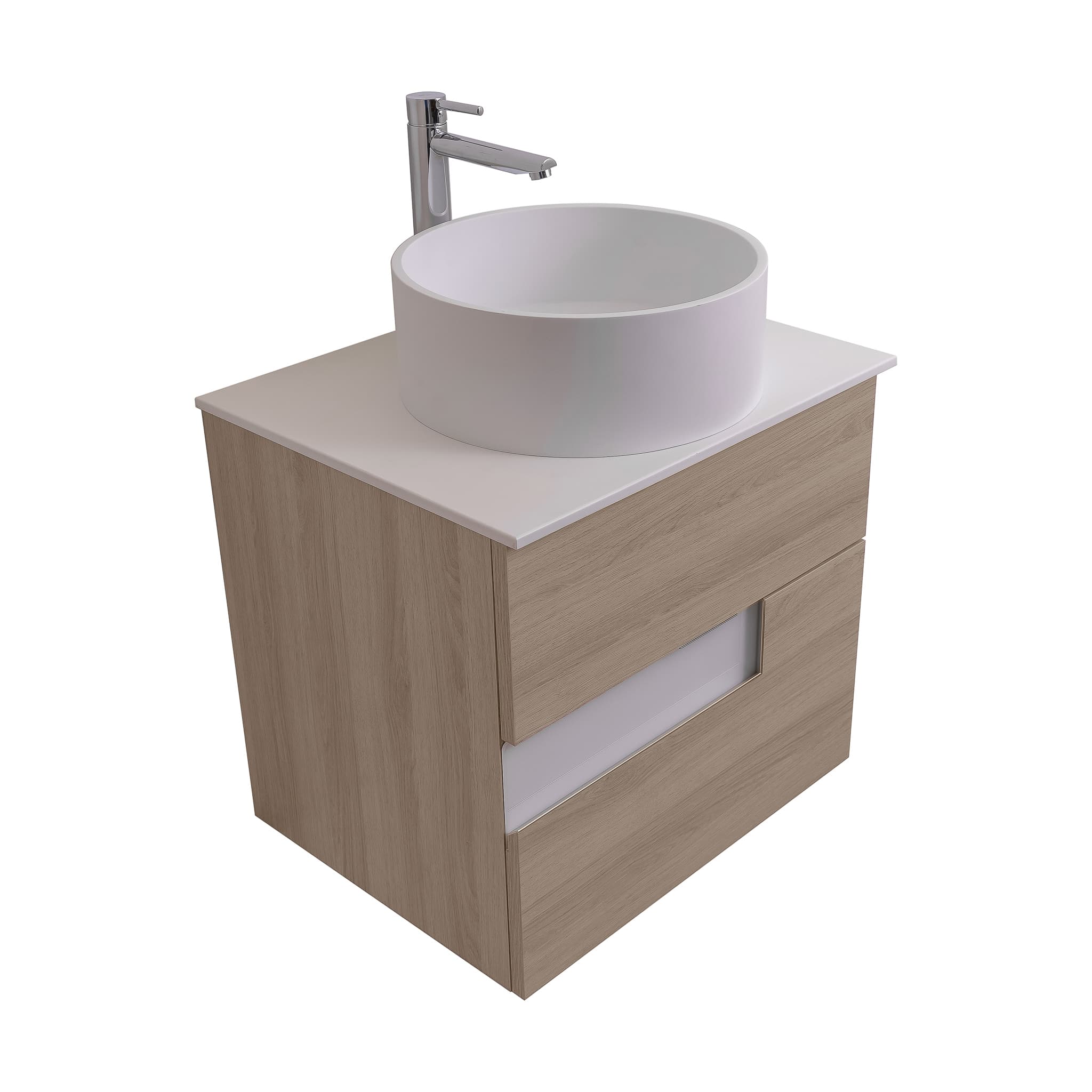 Vision 23.5 Natural Light Wood Cabinet, Solid Surface Flat White Counter And Round Solid Surface White Basin 1386, Wall Mounted Modern Vanity Set