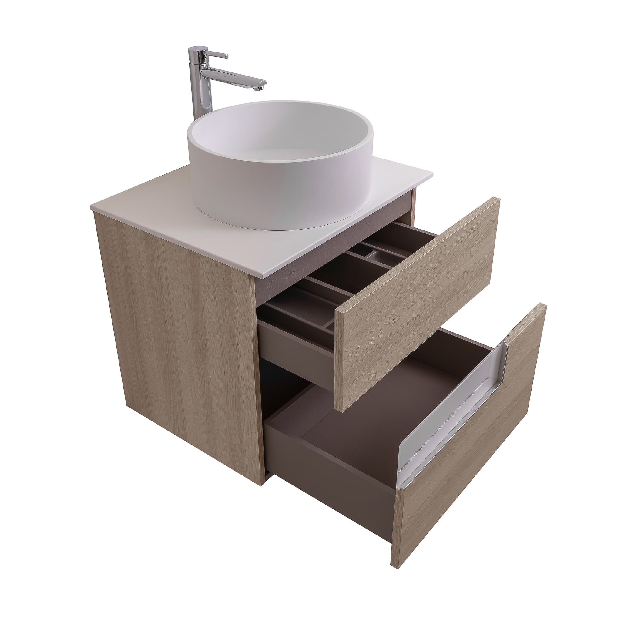 Vision 23.5 Natural Light Wood Cabinet, Solid Surface Flat White Counter And Round Solid Surface White Basin 1386, Wall Mounted Modern Vanity Set
