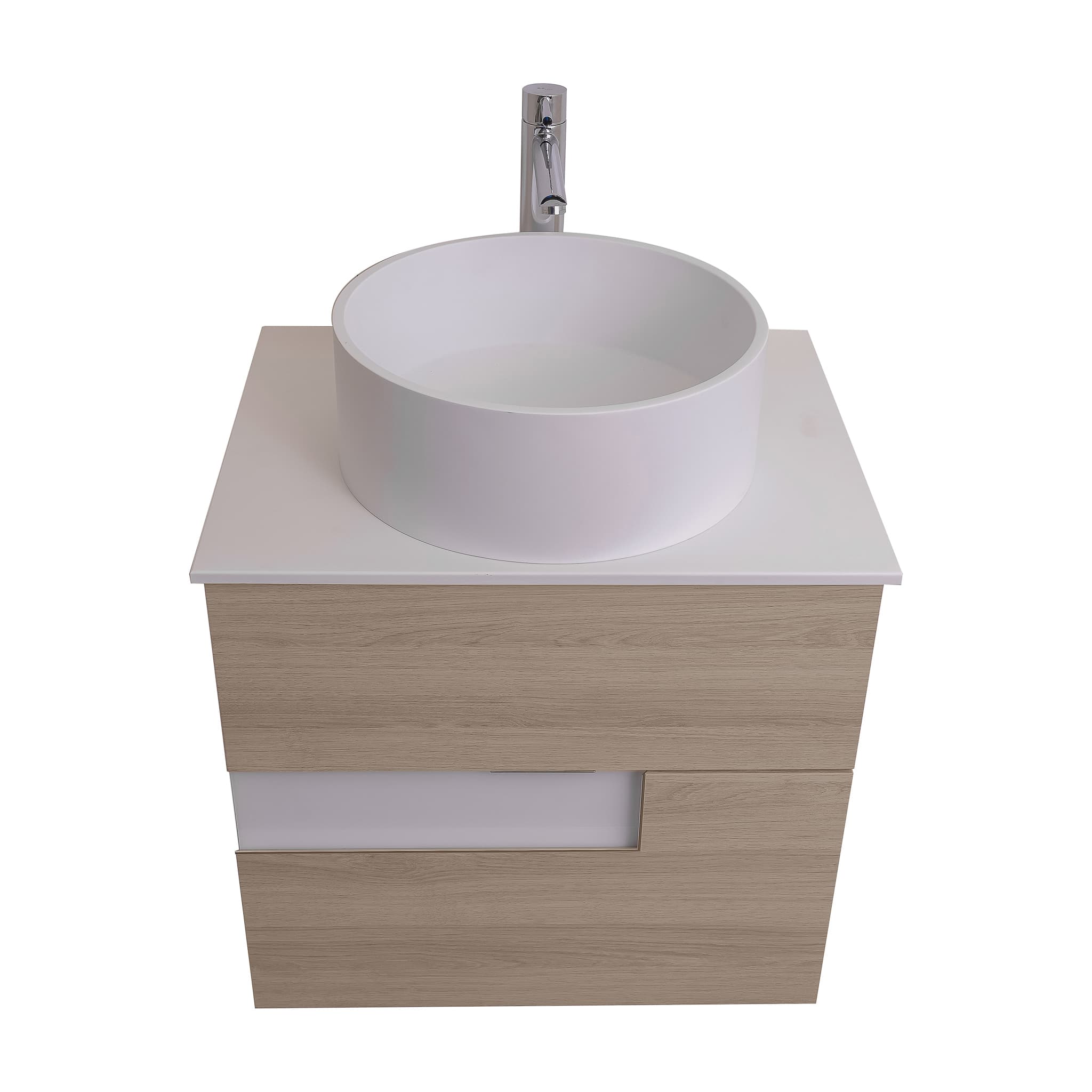 Vision 23.5 Natural Light Wood Cabinet, Solid Surface Flat White Counter And Round Solid Surface White Basin 1386, Wall Mounted Modern Vanity Set