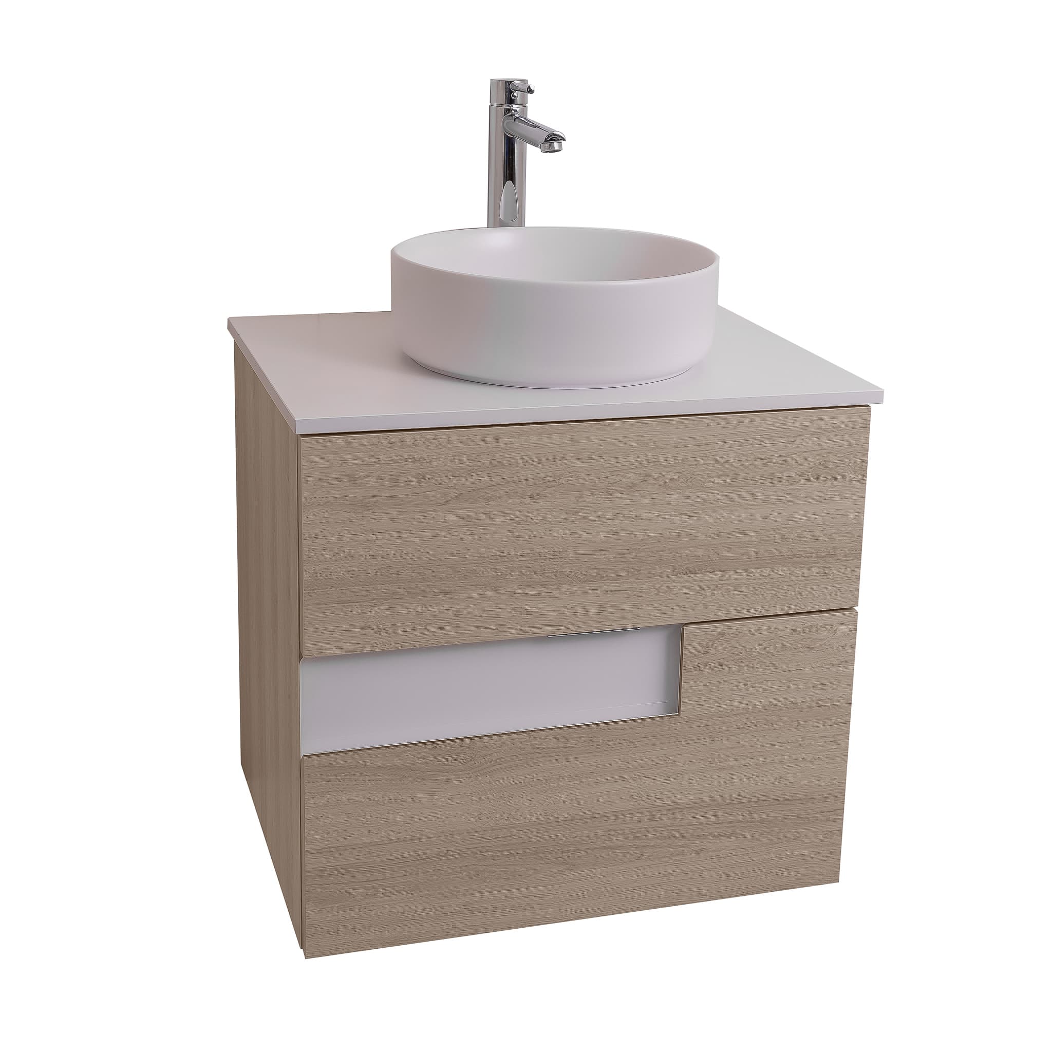 Vision 23.5 Natural Light Wood Cabinet, Ares White Top And Ares White Ceramic Basin, Wall Mounted Modern Vanity Set