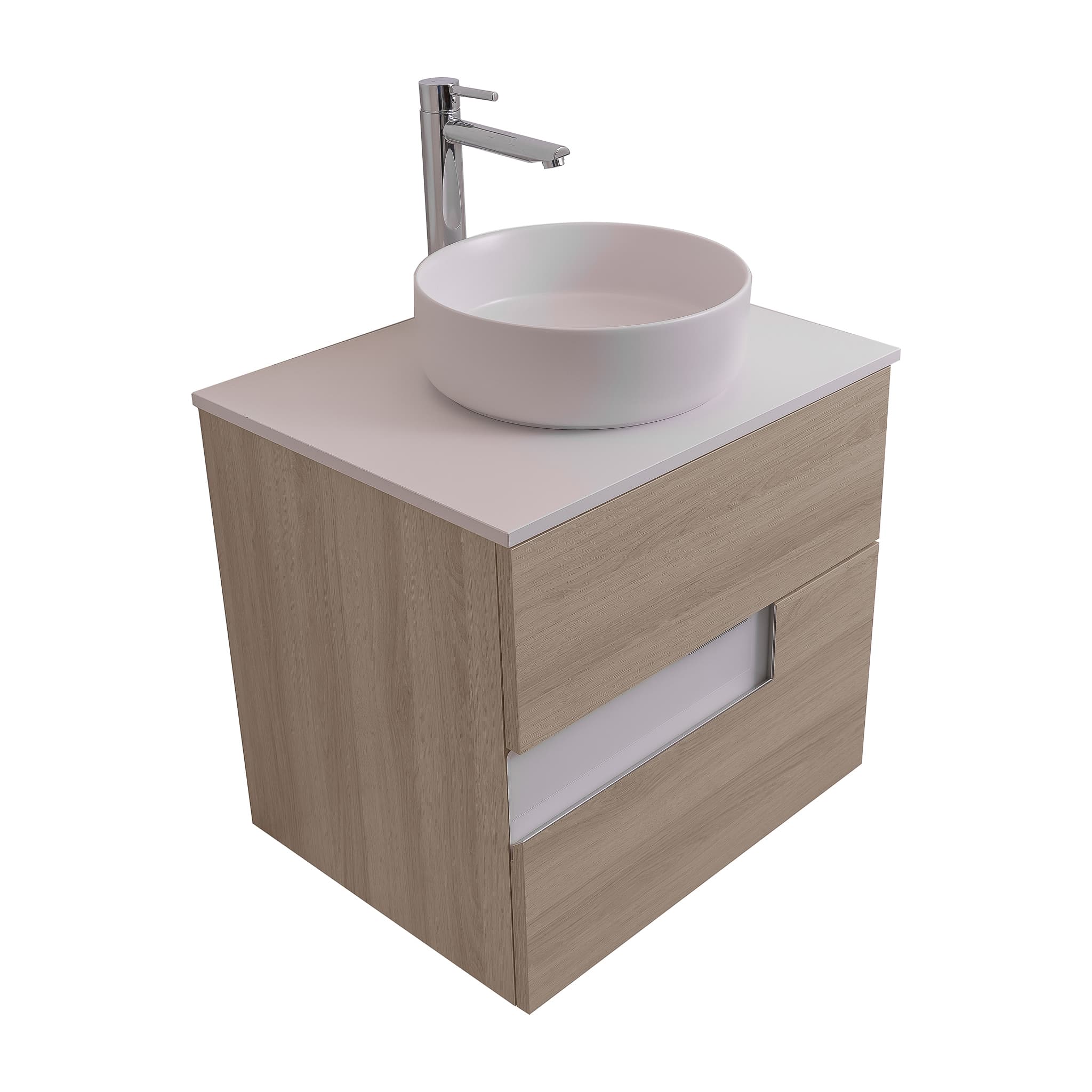 Vision 23.5 Natural Light Wood Cabinet, Ares White Top And Ares White Ceramic Basin, Wall Mounted Modern Vanity Set