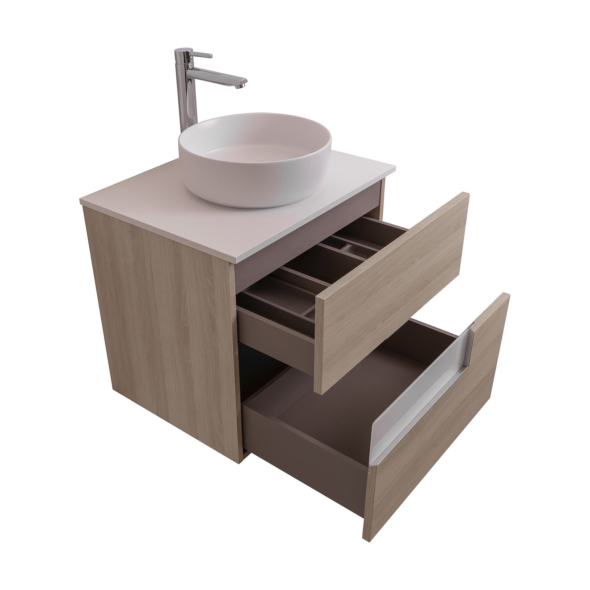 Vision 23.5 Natural Light Wood Cabinet, Ares White Top And Ares White Ceramic Basin, Wall Mounted Modern Vanity Set