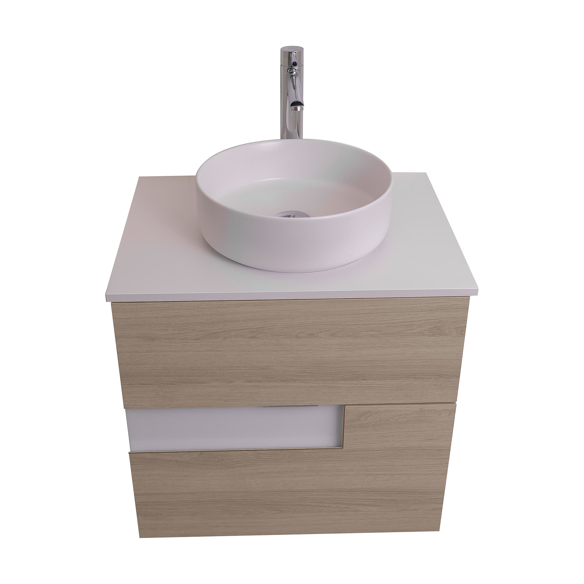 Vision 23.5 Natural Light Wood Cabinet, Ares White Top And Ares White Ceramic Basin, Wall Mounted Modern Vanity Set
