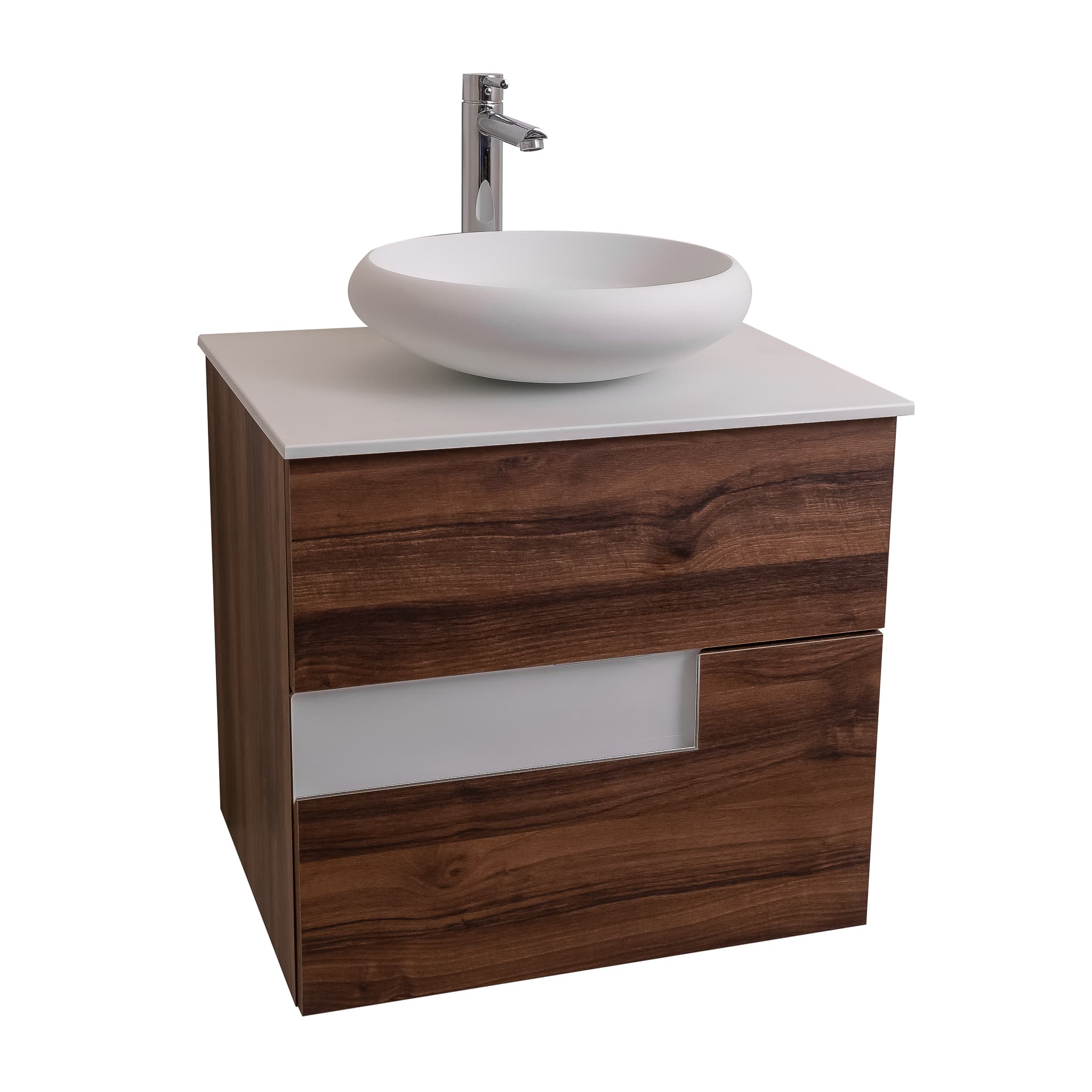 Vision 23.5 Valenti Medium Brown Wood Cabinet, Solid Surface Flat White Counter And Round Solid Surface White Basin 1153, Wall Mounted Modern Vanity Set