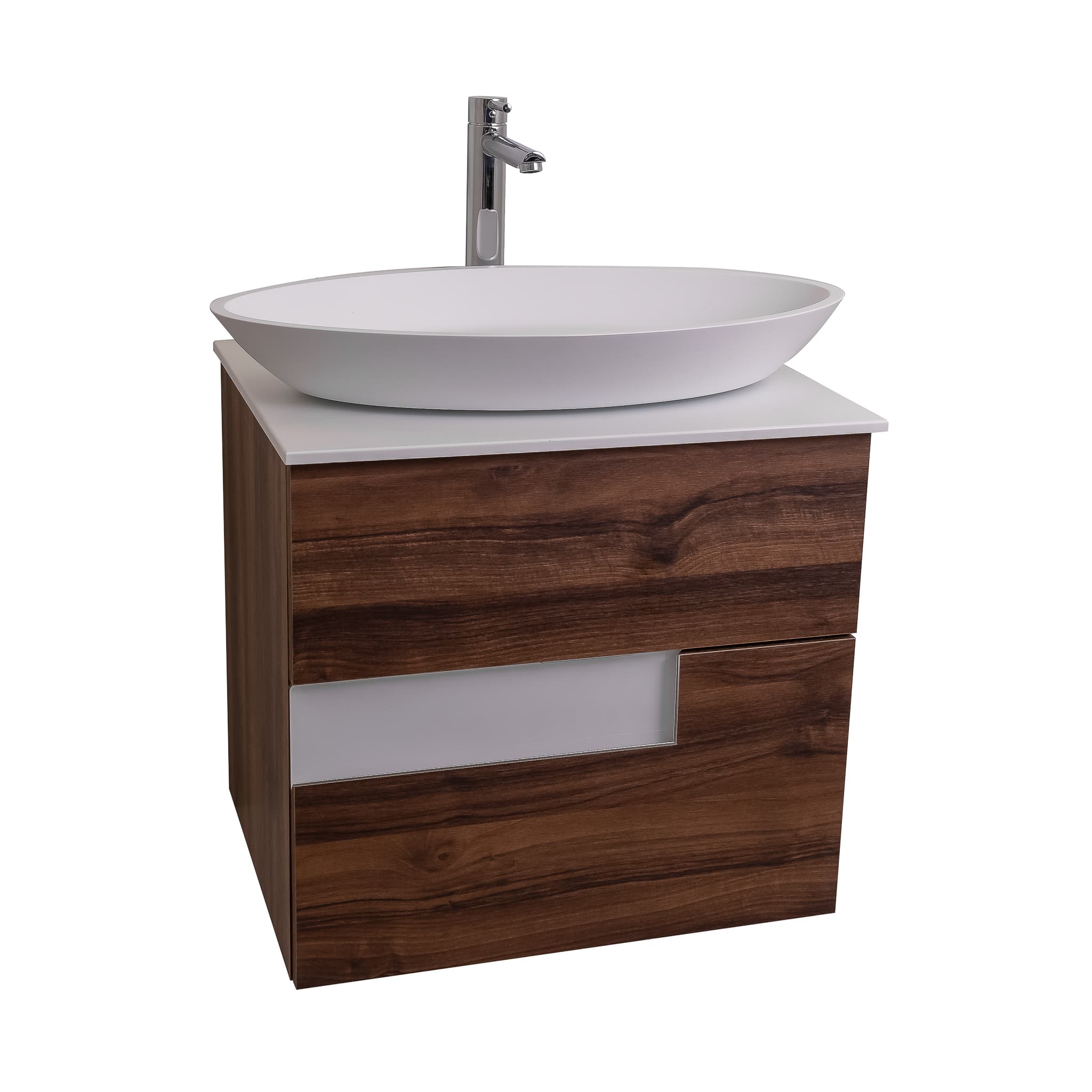 Vision 23.5 Valenti Medium Brown Wood Cabinet, Solid Surface Flat White Counter And Oval Solid Surface White Basin 1305, Wall Mounted Modern Vanity Set