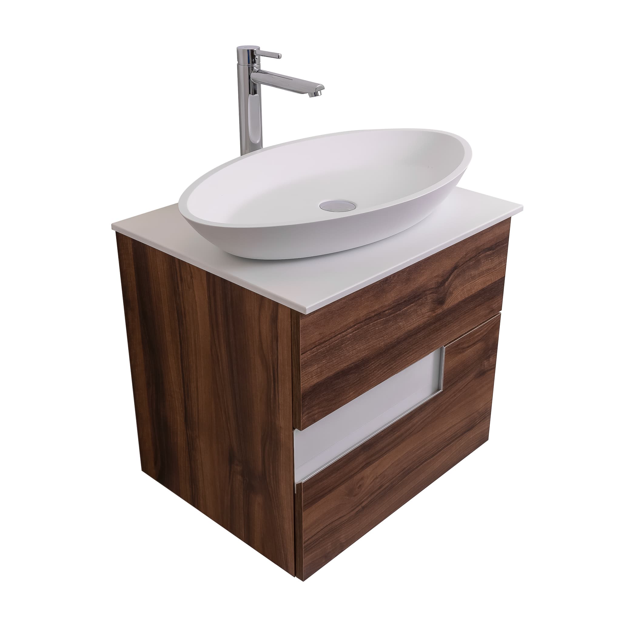 Vision 23.5 Valenti Medium Brown Wood Cabinet, Solid Surface Flat White Counter And Oval Solid Surface White Basin 1305, Wall Mounted Modern Vanity Set