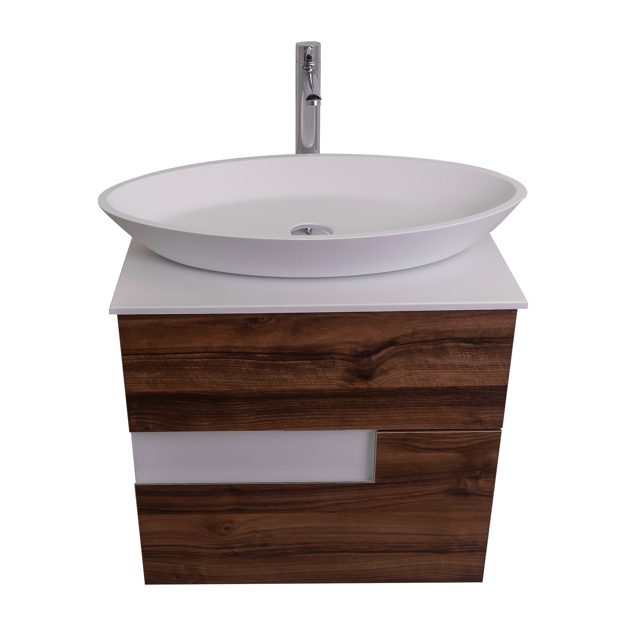 Vision 23.5 Valenti Medium Brown Wood Cabinet, Solid Surface Flat White Counter And Oval Solid Surface White Basin 1305, Wall Mounted Modern Vanity Set