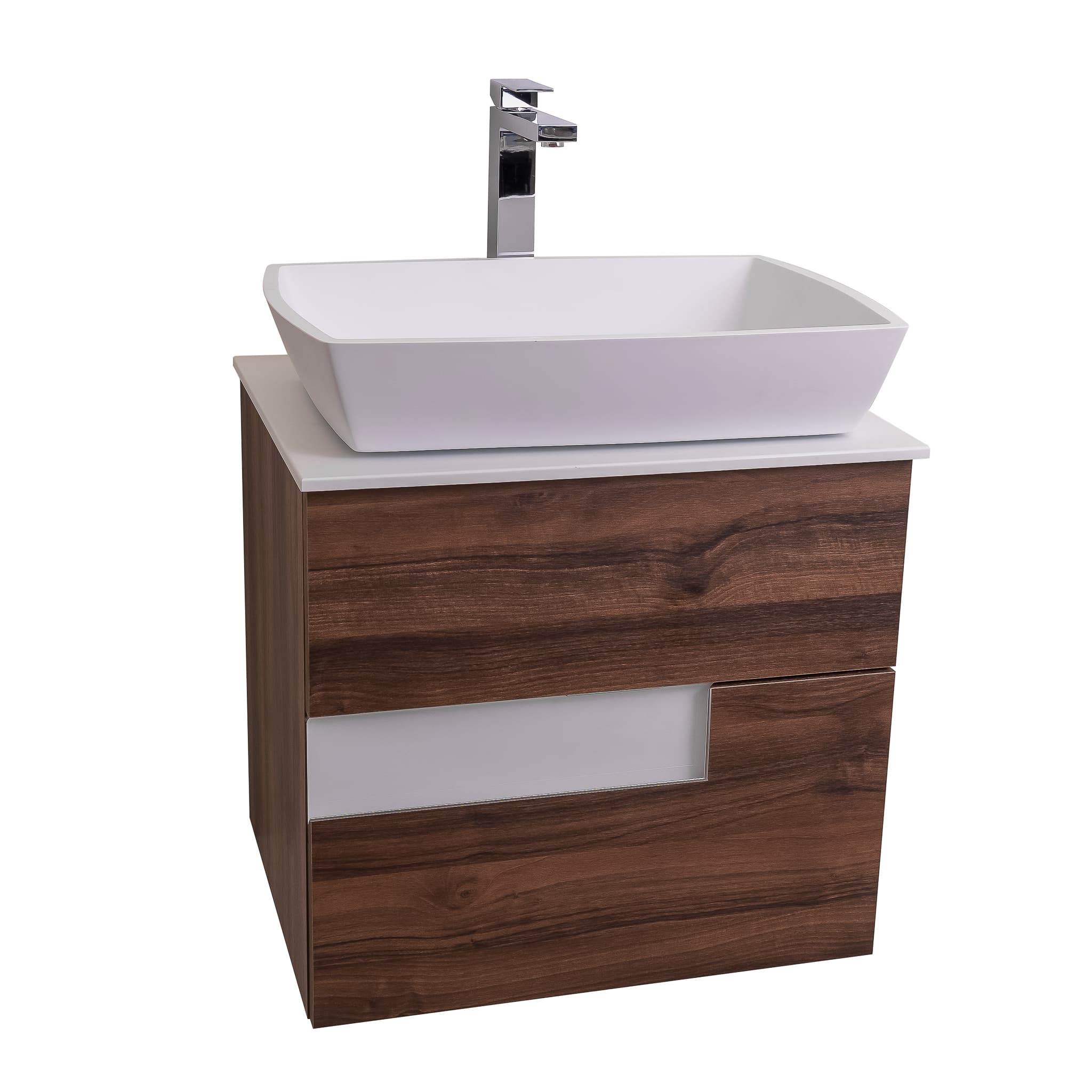 Vision 23.5 Valenti Medium Brown Wood Cabinet, Solid Surface Flat White Counter And Square Solid Surface White Basin 1316, Wall Mounted Modern Vanity Set