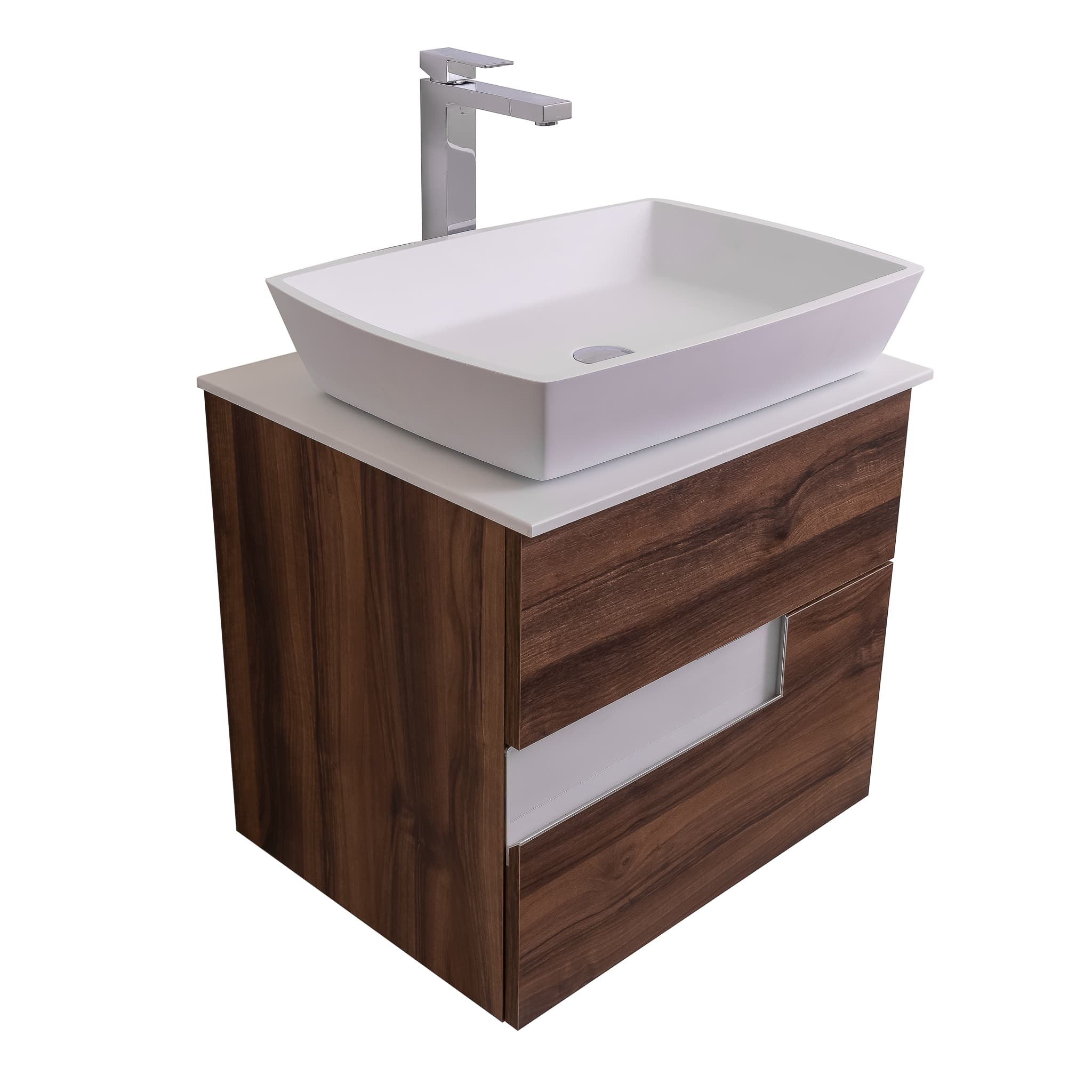 Vision 23.5 Valenti Medium Brown Wood Cabinet, Solid Surface Flat White Counter And Square Solid Surface White Basin 1316, Wall Mounted Modern Vanity Set