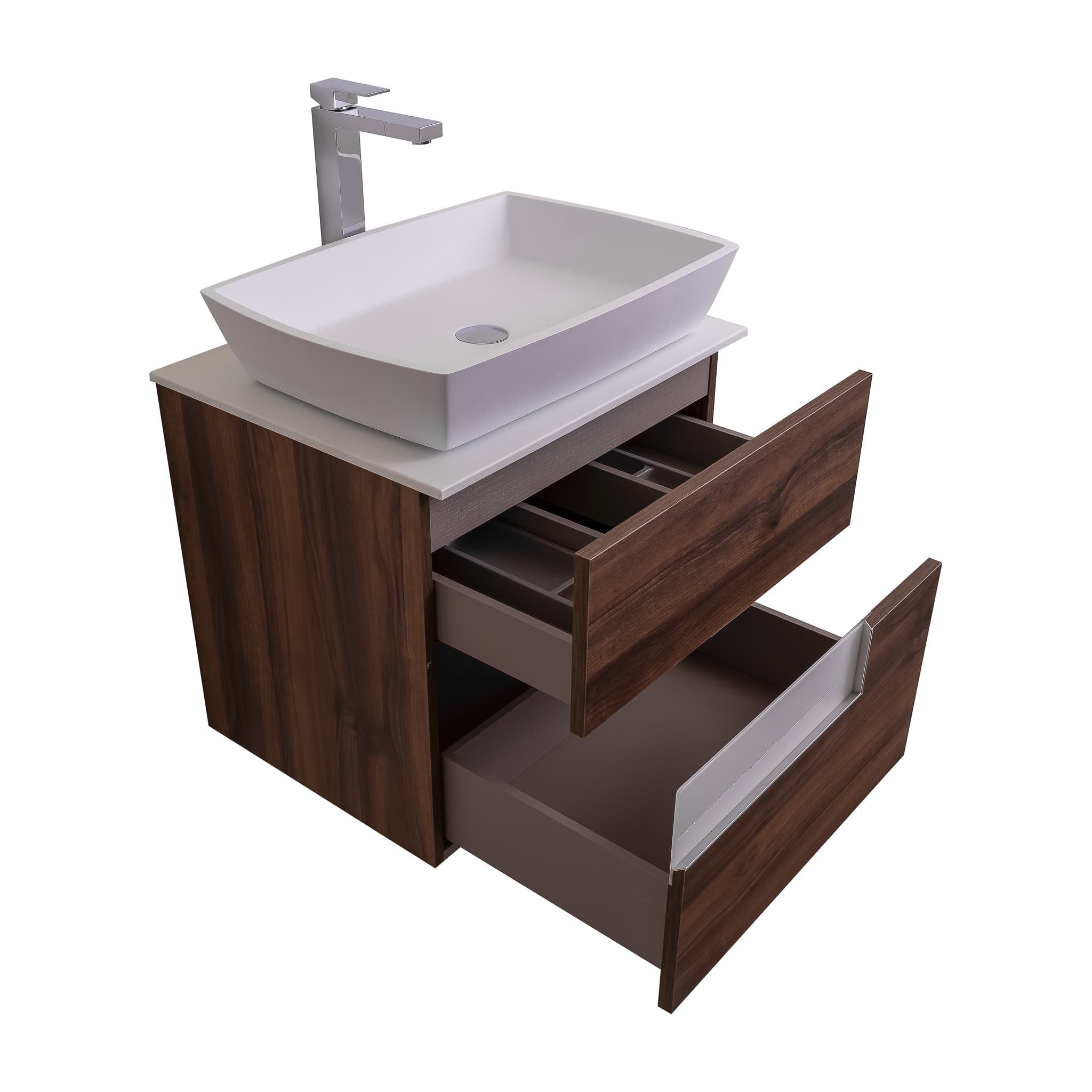 Vision 23.5 Valenti Medium Brown Wood Cabinet, Solid Surface Flat White Counter And Square Solid Surface White Basin 1316, Wall Mounted Modern Vanity Set