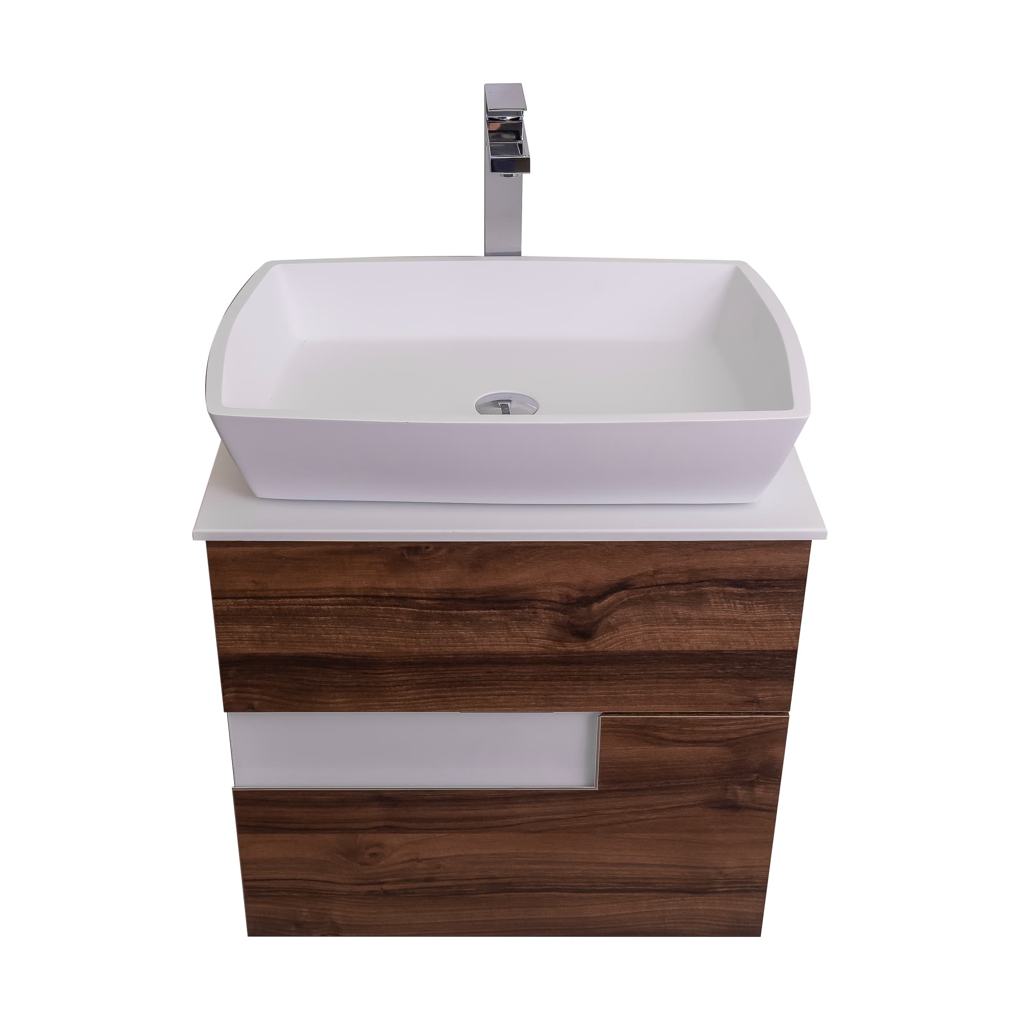 Vision 23.5 Valenti Medium Brown Wood Cabinet, Solid Surface Flat White Counter And Square Solid Surface White Basin 1316, Wall Mounted Modern Vanity Set
