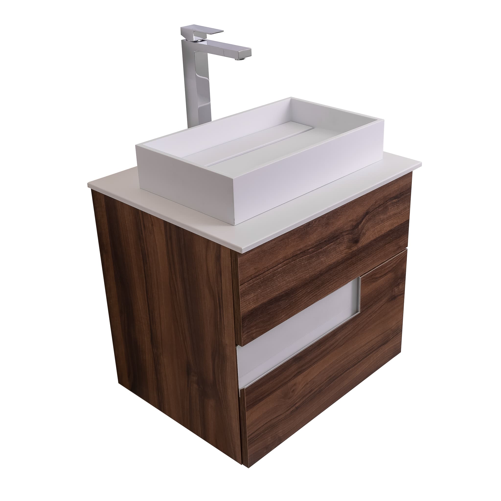 Vision 23.5 Valenti Medium Brown Wood Cabinet, Solid Surface Flat White Counter And Infinity Square Solid Surface White Basin 1329, Wall Mounted Modern Vanity Set