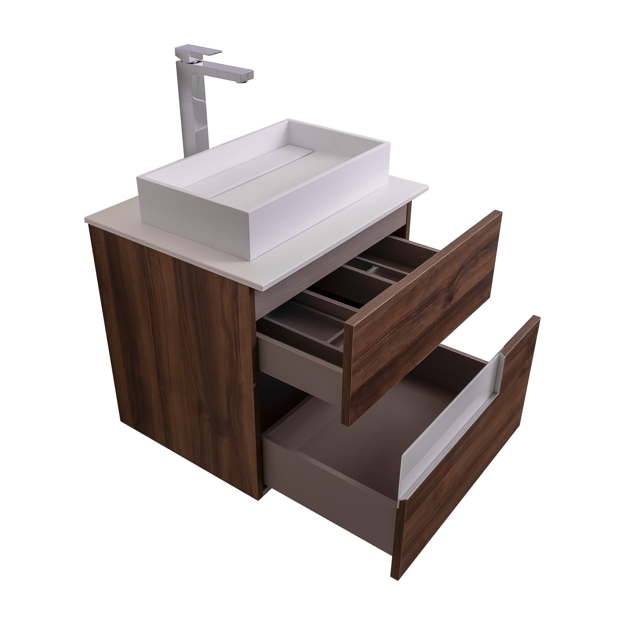 Vision 23.5 Valenti Medium Brown Wood Cabinet, Solid Surface Flat White Counter And Infinity Square Solid Surface White Basin 1329, Wall Mounted Modern Vanity Set
