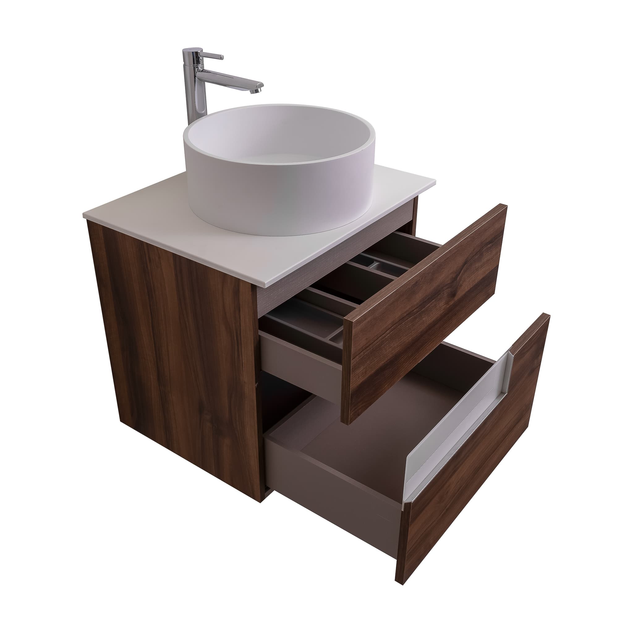 Vision 23.5 Valenti Medium Brown Wood Cabinet, Solid Surface Flat White Counter And Round Solid Surface White Basin 1386, Wall Mounted Modern Vanity Set