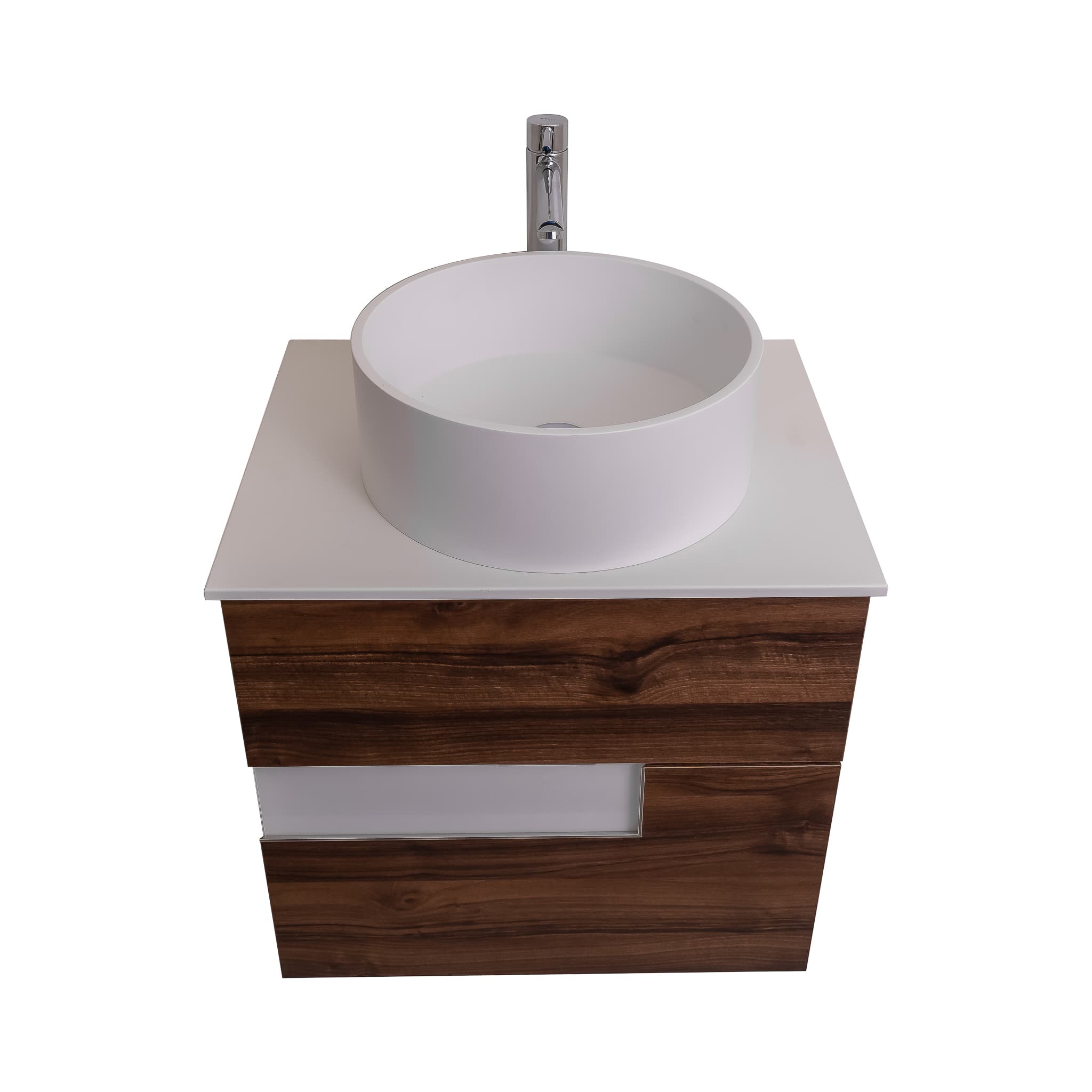Vision 23.5 Valenti Medium Brown Wood Cabinet, Solid Surface Flat White Counter And Round Solid Surface White Basin 1386, Wall Mounted Modern Vanity Set