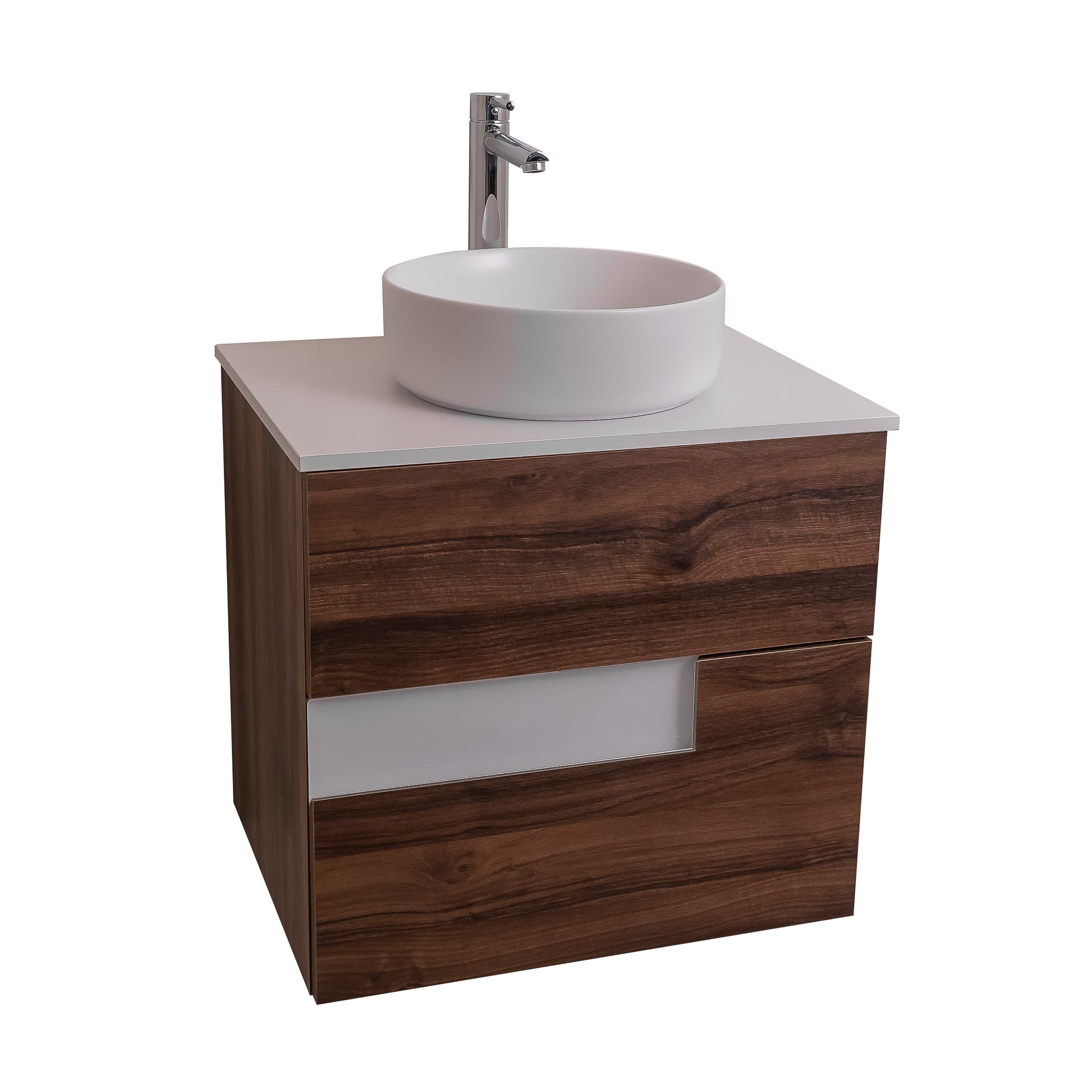 Vision 23.5 Valenti Medium Brown Wood Cabinet, Ares White Top And Ares White Ceramic Basin, Wall Mounted Modern Vanity Set