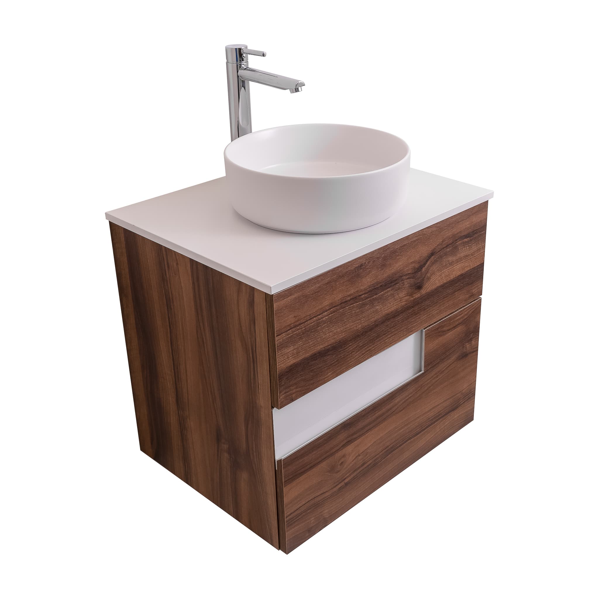 Vision 23.5 Valenti Medium Brown Wood Cabinet, Ares White Top And Ares White Ceramic Basin, Wall Mounted Modern Vanity Set