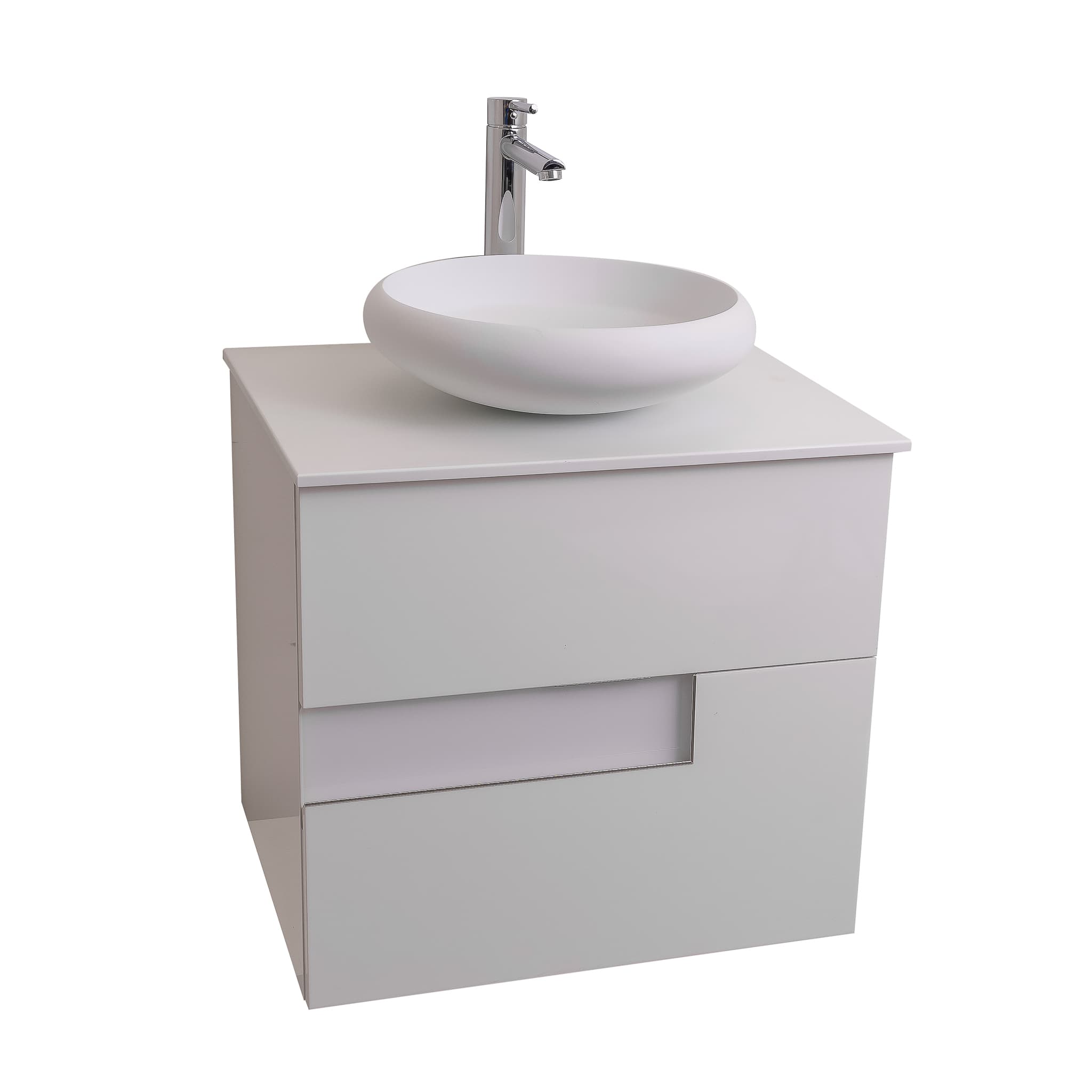 Vision 23.5 White High Gloss Cabinet, Solid Surface Flat White Counter And Round Solid Surface White Basin 1153, Wall Mounted Modern Vanity Set