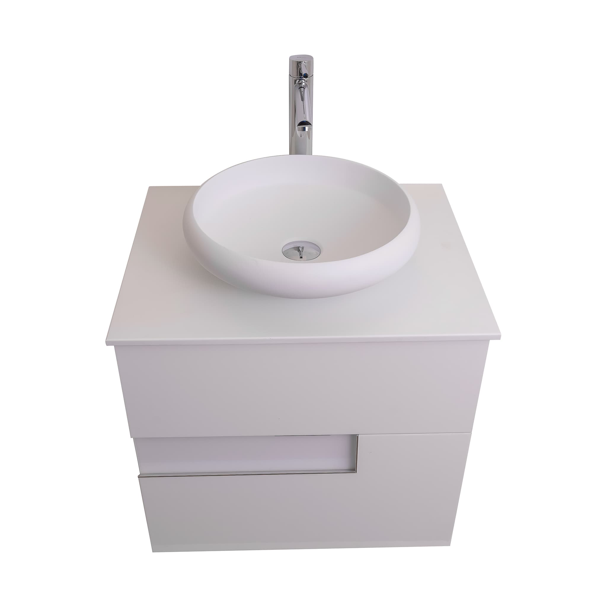 Vision 23.5 White High Gloss Cabinet, Solid Surface Flat White Counter And Round Solid Surface White Basin 1153, Wall Mounted Modern Vanity Set