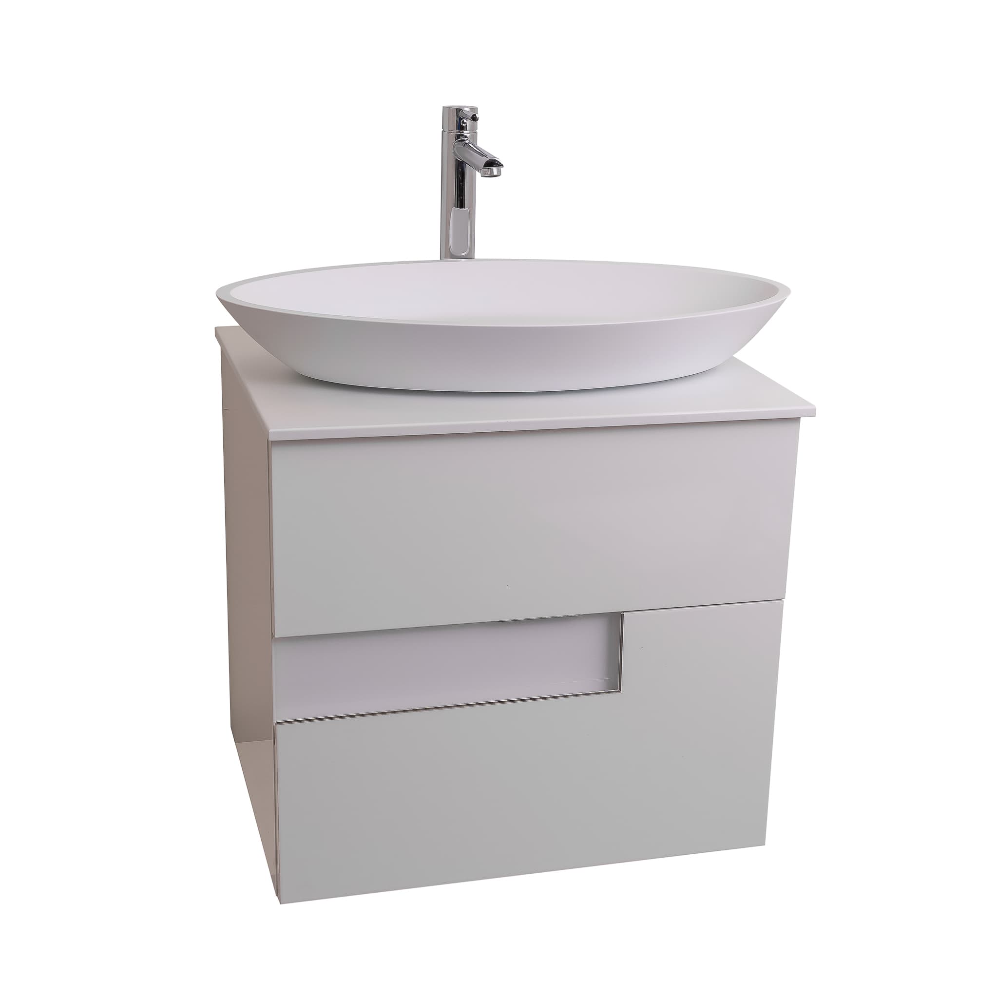 Vision 23.5 White High Gloss Cabinet, Solid Surface Flat White Counter And Oval Solid Surface White Basin 1305, Wall Mounted Modern Vanity Set