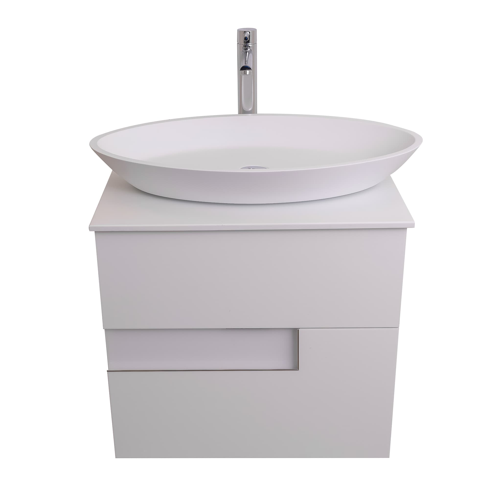 Vision 23.5 White High Gloss Cabinet, Solid Surface Flat White Counter And Oval Solid Surface White Basin 1305, Wall Mounted Modern Vanity Set