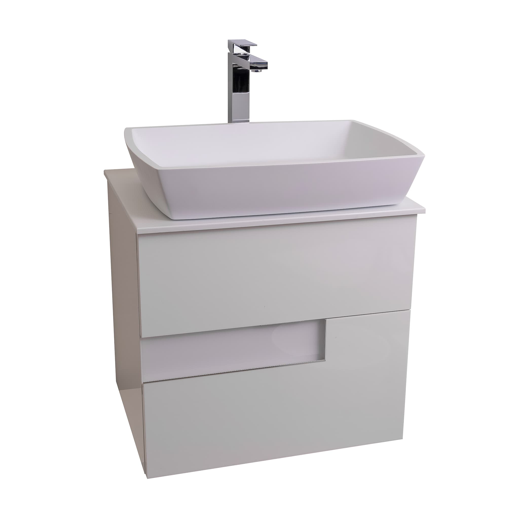 Vision 23.5 White High Gloss Cabinet, Solid Surface Flat White Counter And Square Solid Surface White Basin 1316, Wall Mounted Modern Vanity Set