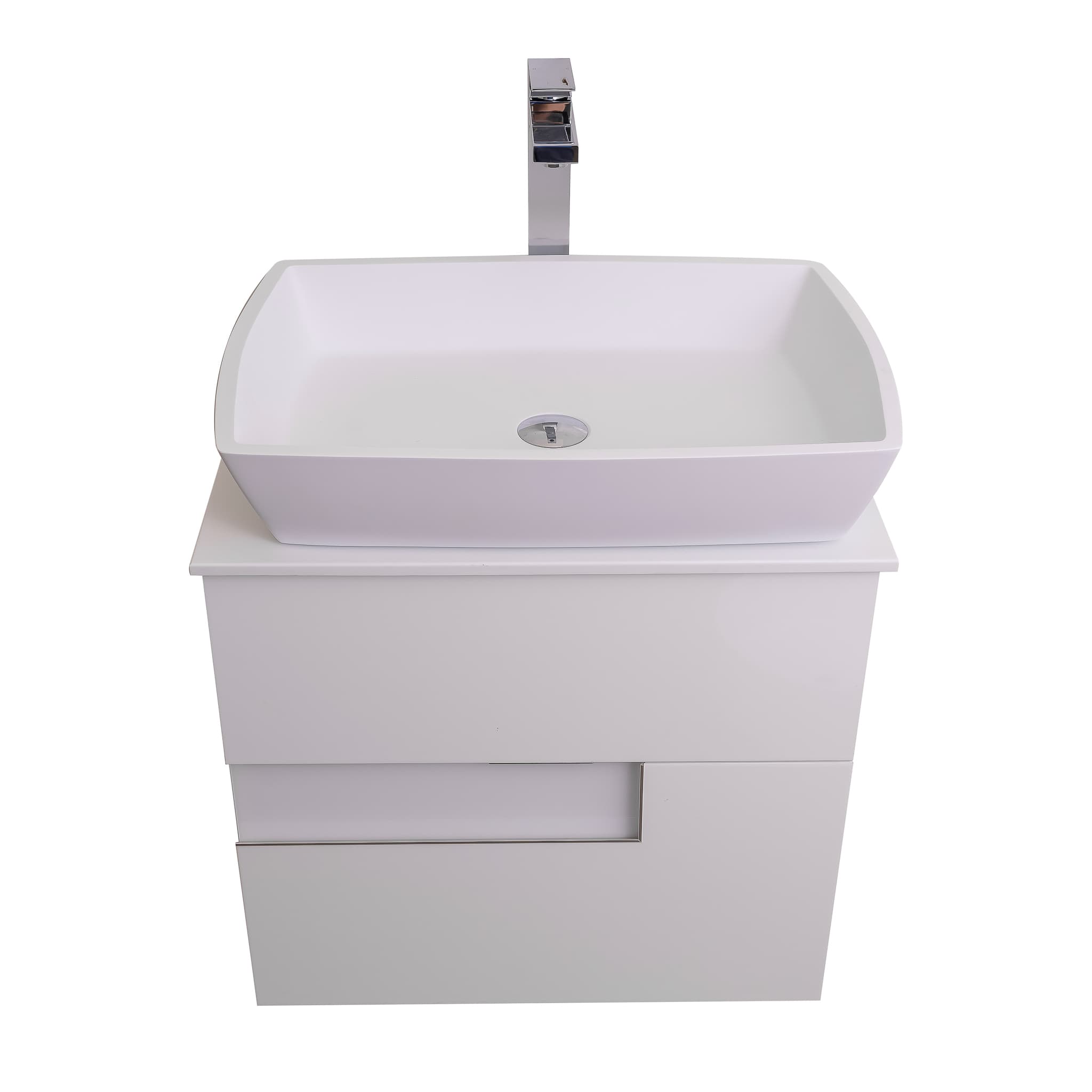 Vision 23.5 White High Gloss Cabinet, Solid Surface Flat White Counter And Square Solid Surface White Basin 1316, Wall Mounted Modern Vanity Set