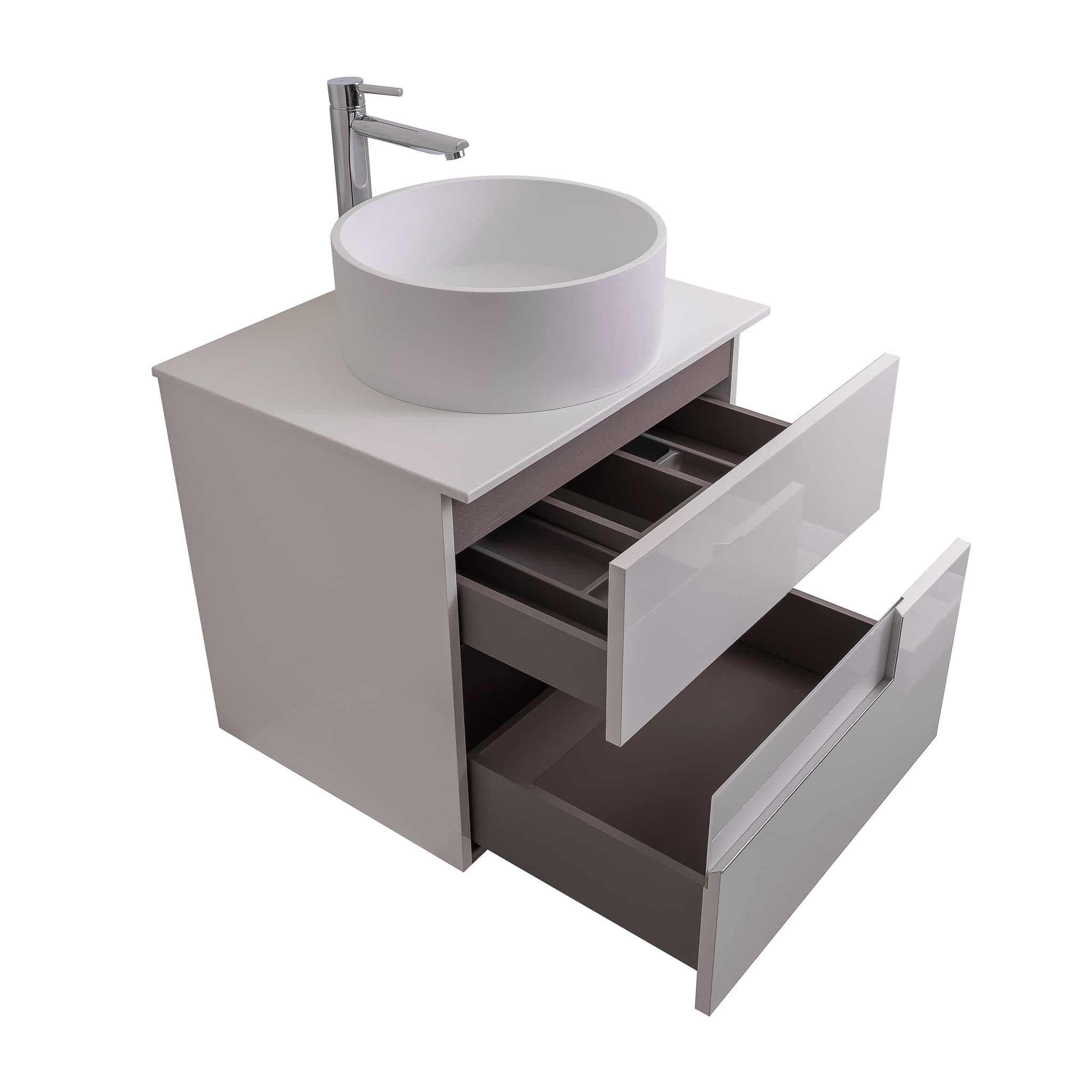 Vision 23.5 White High Gloss Cabinet, Solid Surface Flat White Counter And Round Solid Surface White Basin 1386, Wall Mounted Modern Vanity Set