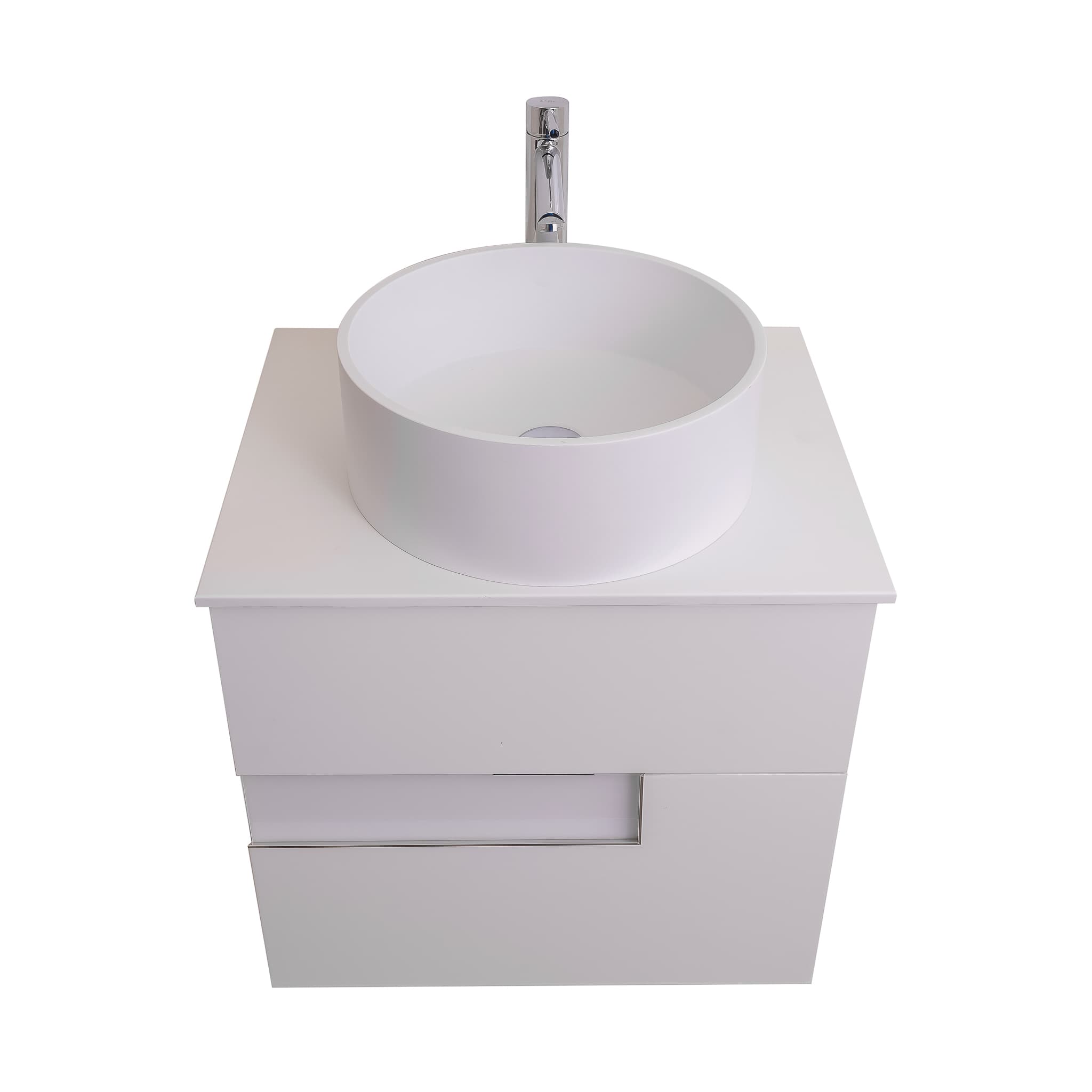 Vision 23.5 White High Gloss Cabinet, Solid Surface Flat White Counter And Round Solid Surface White Basin 1386, Wall Mounted Modern Vanity Set