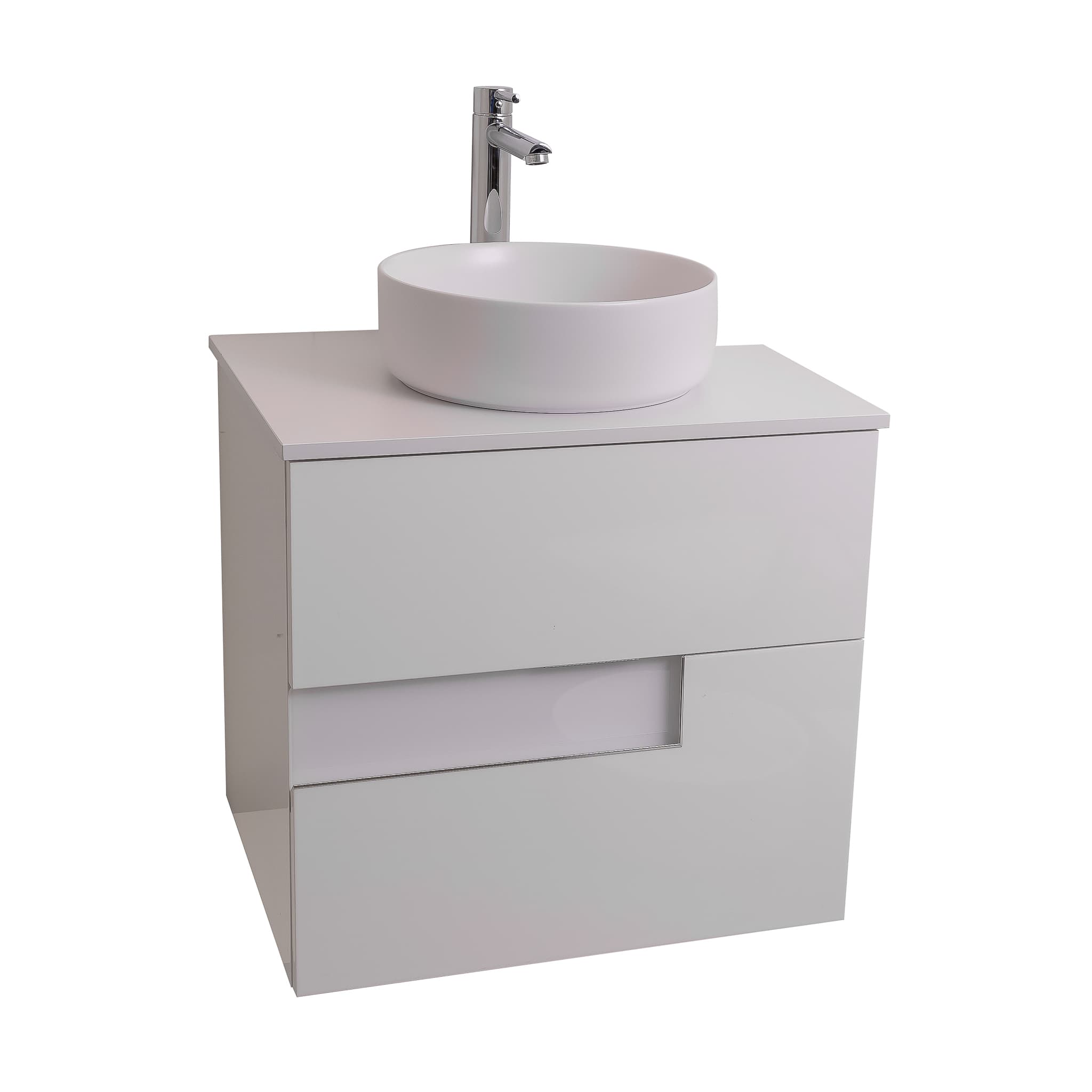 Vision 23.5 White High Gloss Cabinet, Ares White Top And Ares White Ceramic Basin, Wall Mounted Modern Vanity Set