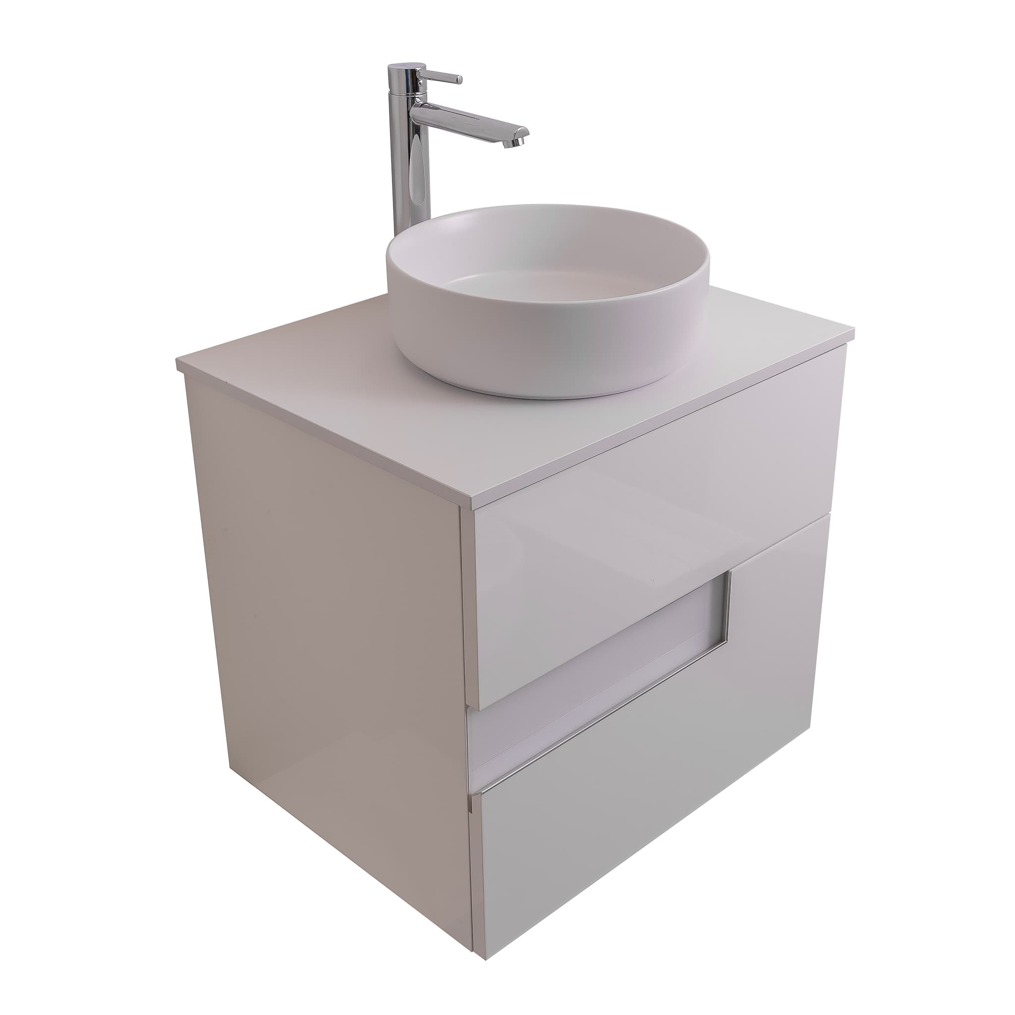 Vision 23.5 White High Gloss Cabinet, Ares White Top And Ares White Ceramic Basin, Wall Mounted Modern Vanity Set